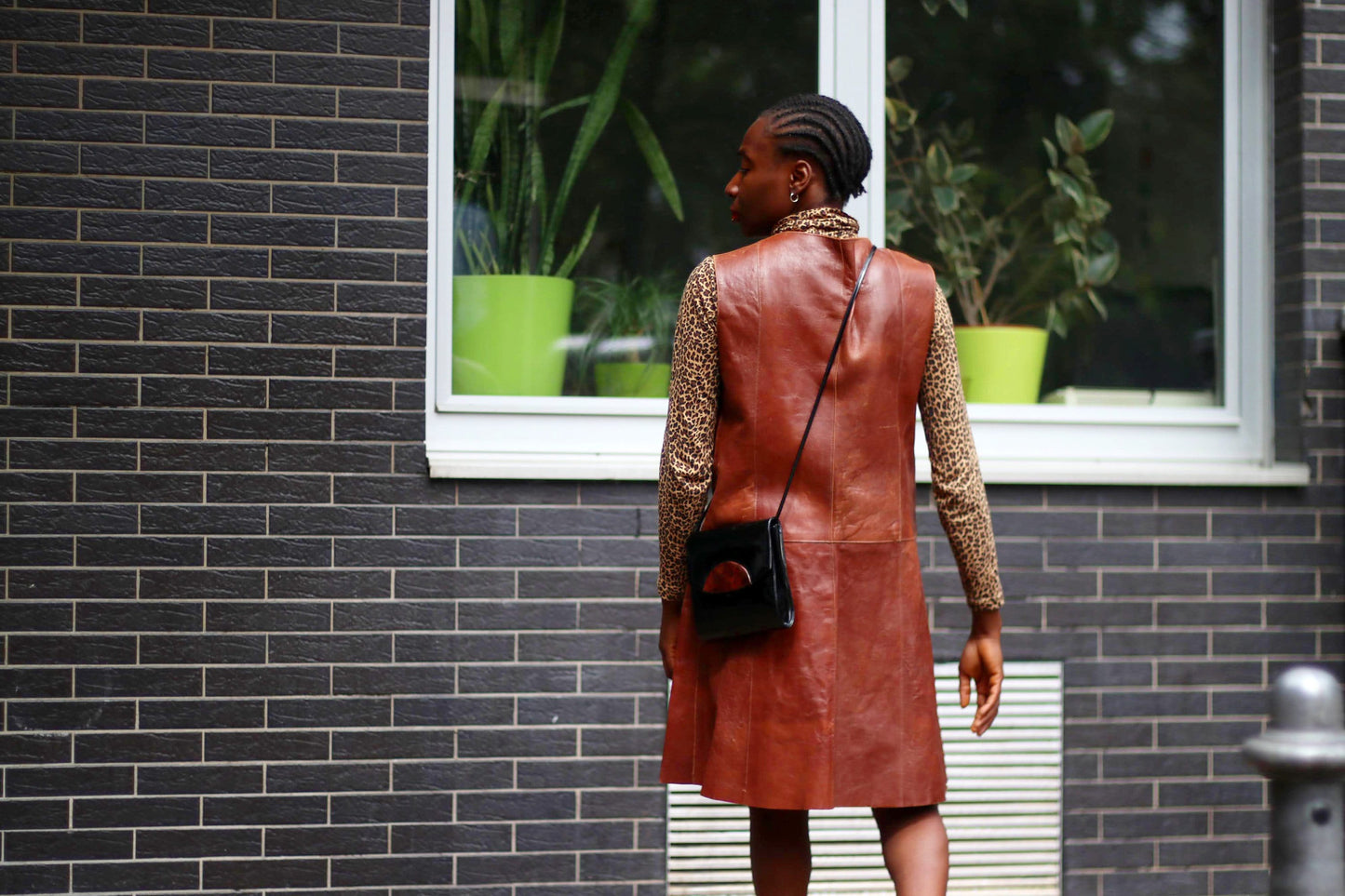 70s Brown Leather Dress| Vintage Sleeveless Chic Dress| Minimalist Women's Chic Midi Dress