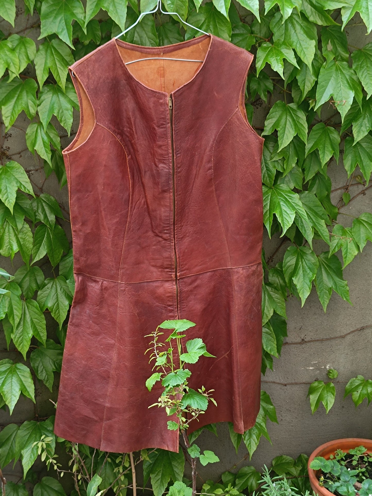 70s Brown Leather Dress| Vintage Sleeveless Chic Dress| Minimalist Women's Chic Midi Dress