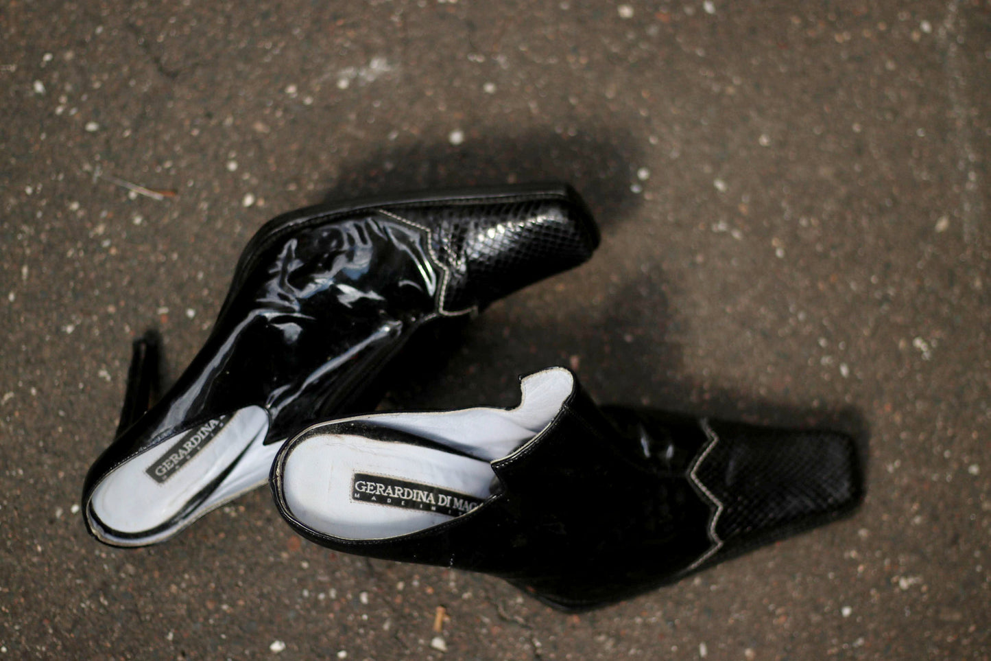 90s Vintage Gerardina di Maggio Mules: Black Patent Leather Heels, EU 38