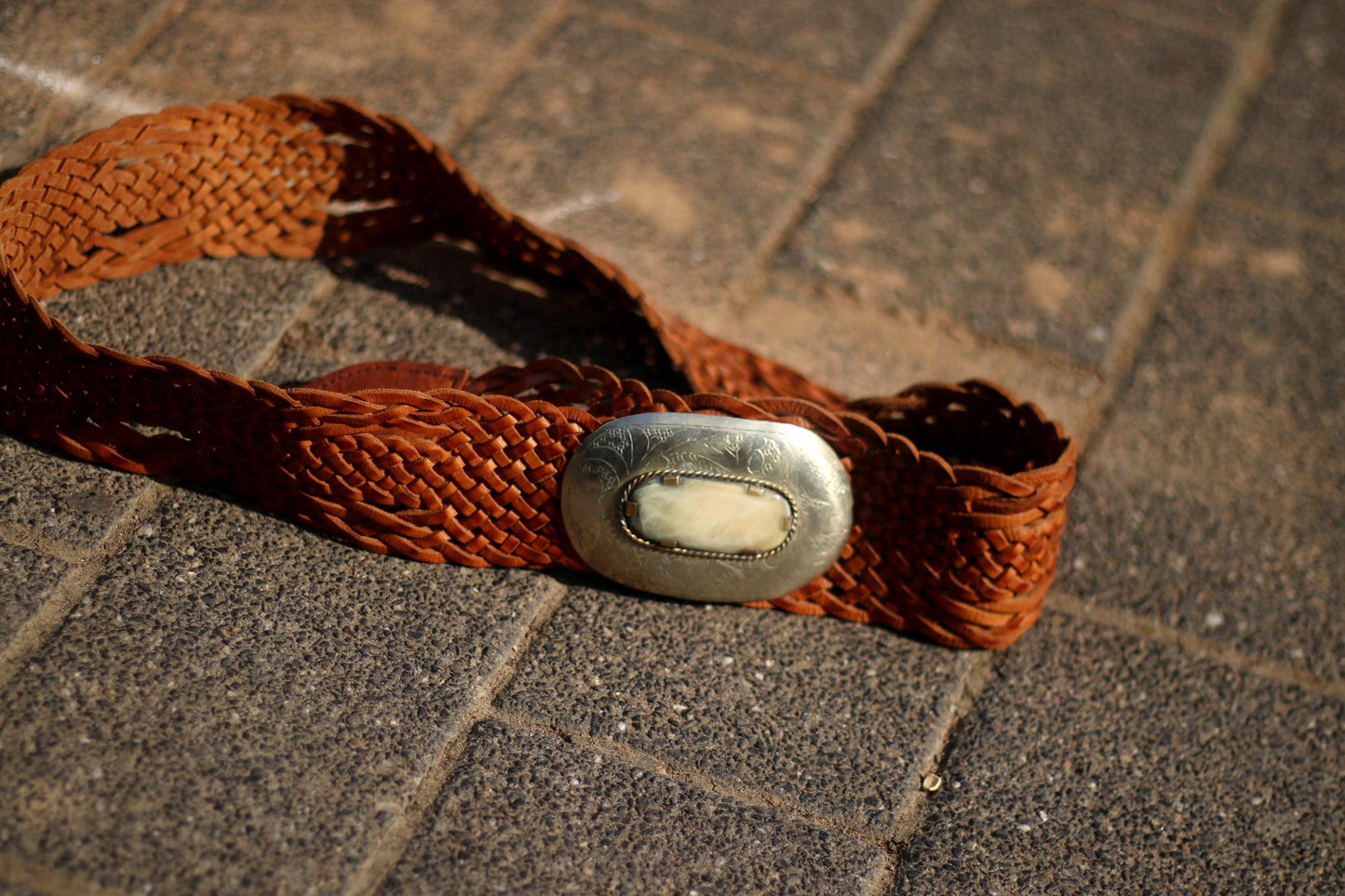 70s Leather Belt | Vintage Brown Woven Belt | Women's Silver-toned Round-Buckled Bohemian Belt