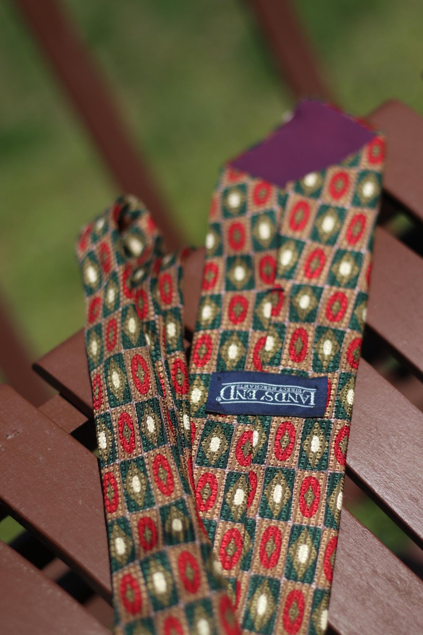 Vintage Landsend Silk Tie| 90s Geometric Men's Necktie in Green and Red | Workwear Tie For Men or Women