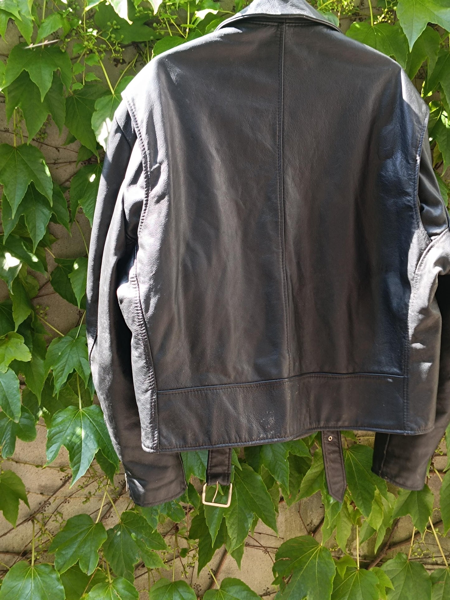 The back of a vintage black Leather Jacket by the brand Excelled is photographed hanging and against a green leafy background. The trendy biker jacket is from the 90s