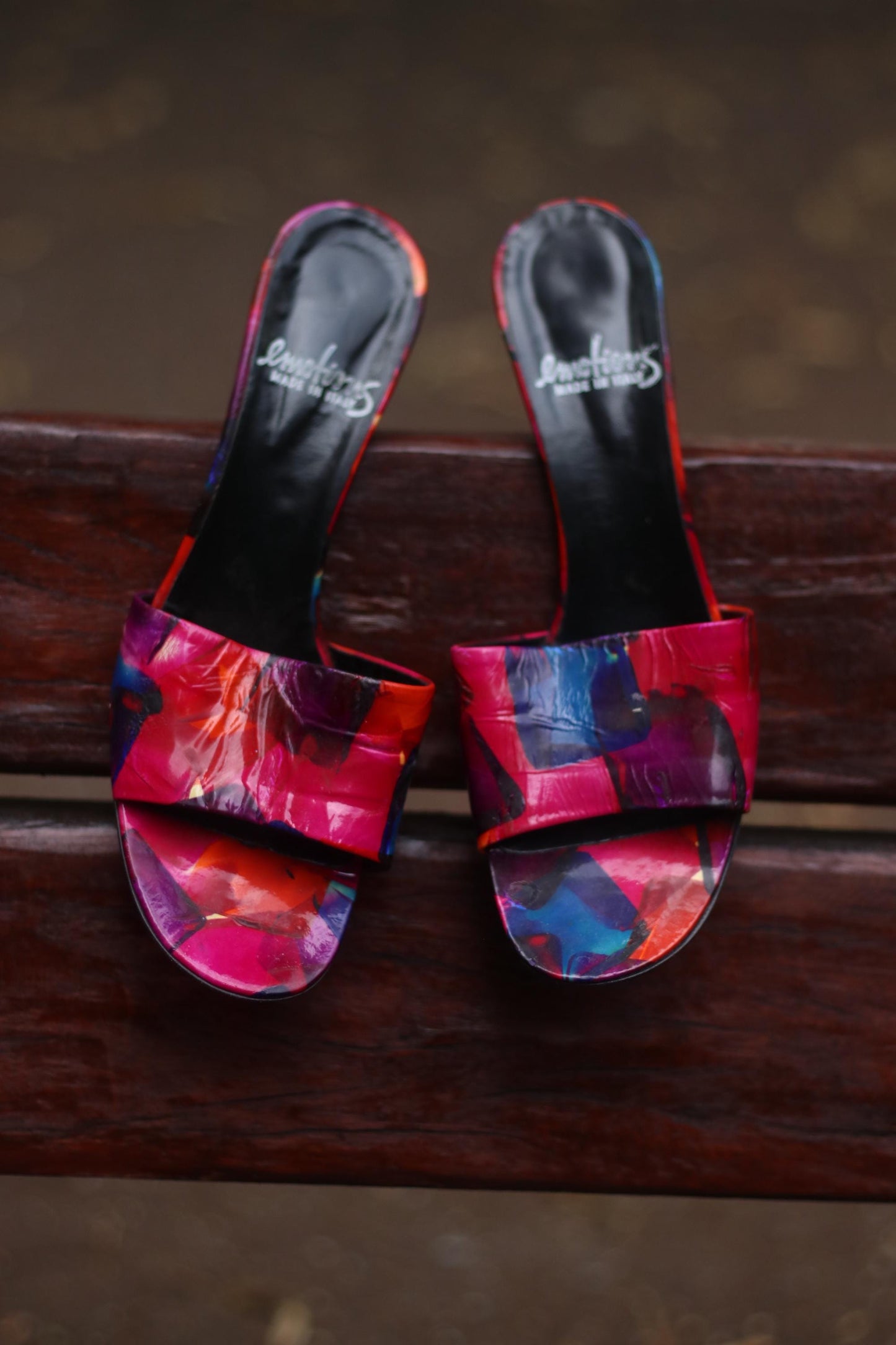 y2k Emotions Heels | Vintage Multi Colored bold Sandals| Maximalist Leather Grafitti Inspired Shoes