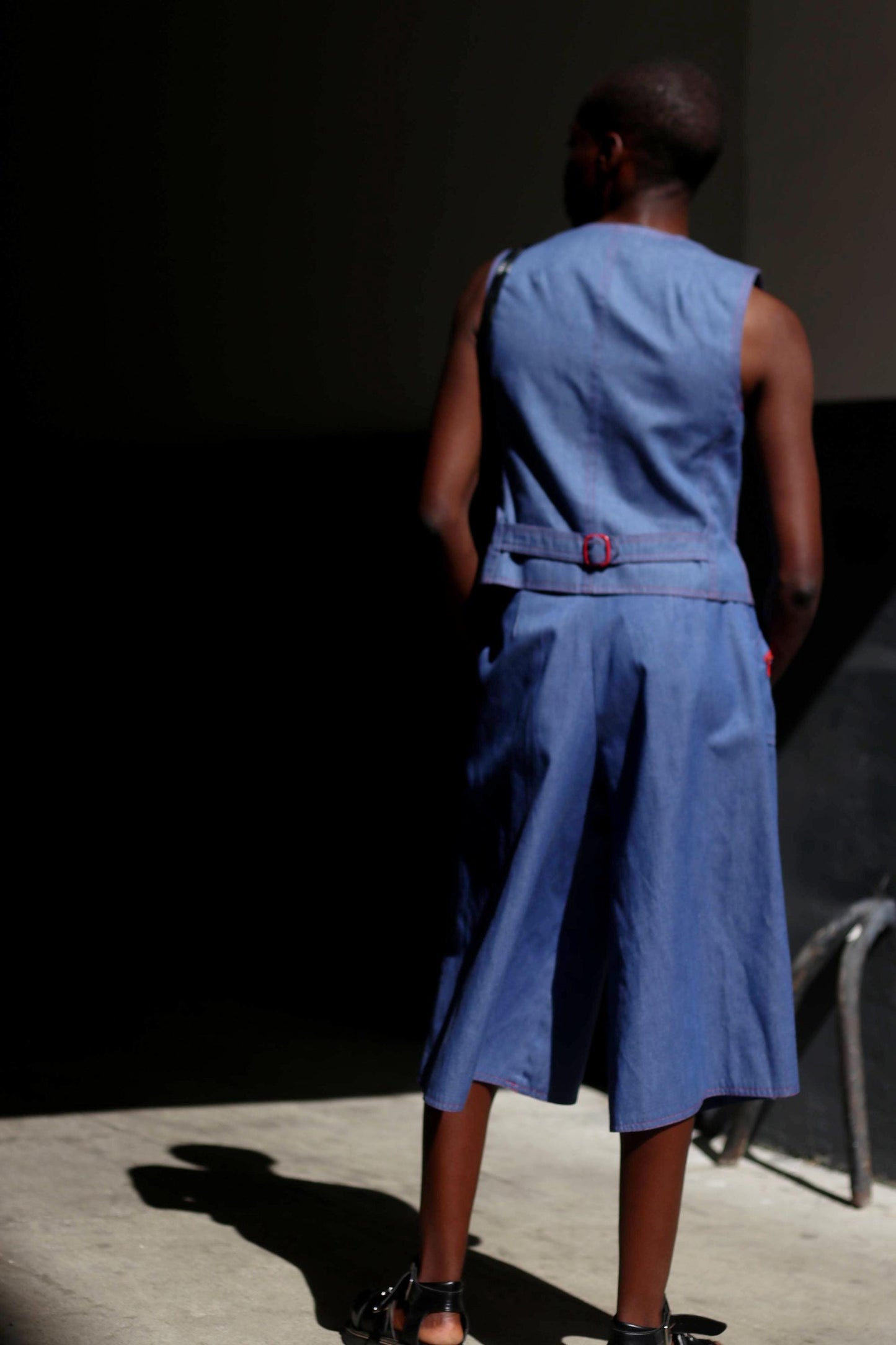 70s Blue Two Piece| Handmade Vest and Cullotes Set| Blue Minimalist Pant Suit