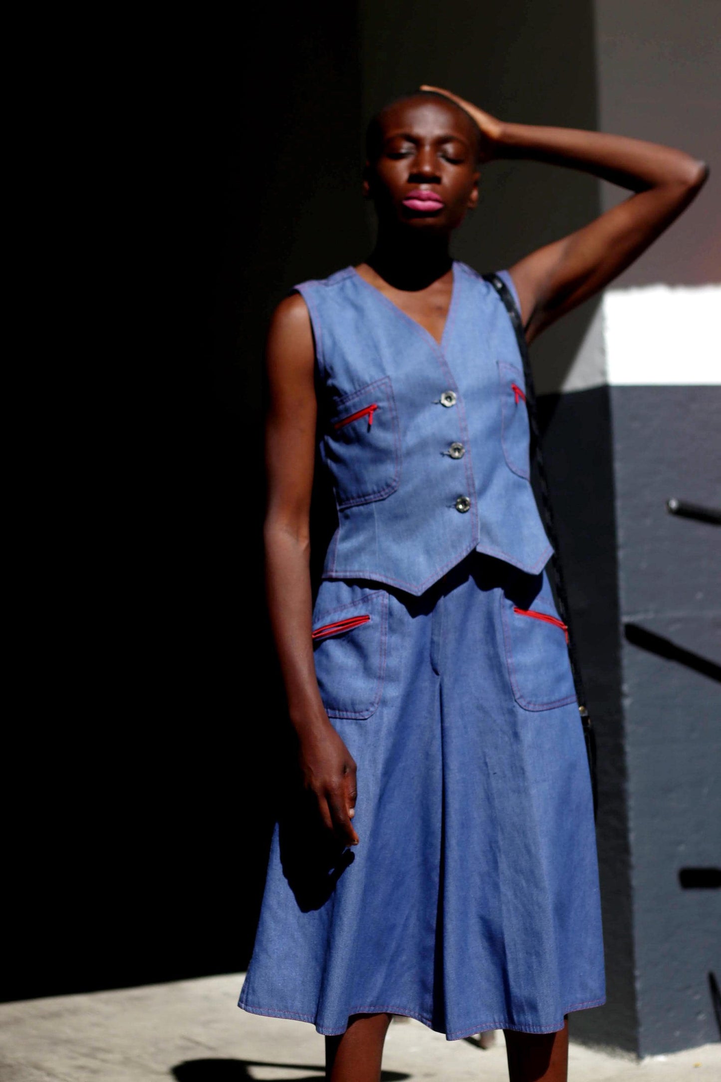 70s Blue Two Piece| Handmade Vest and Cullotes Set| Blue Minimalist Pant Suit