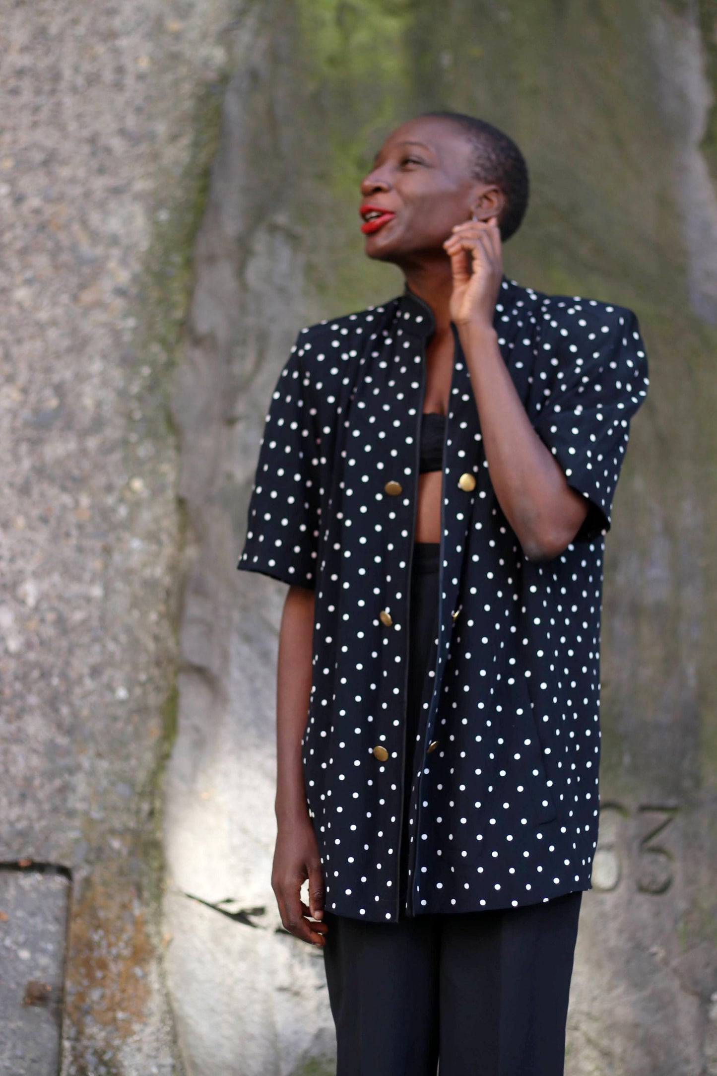 Louis Féraud Polka Dotted Blazer| 80s Women's Oversized Black and White Duster with Pockets| Vintage Black and White long Shirt