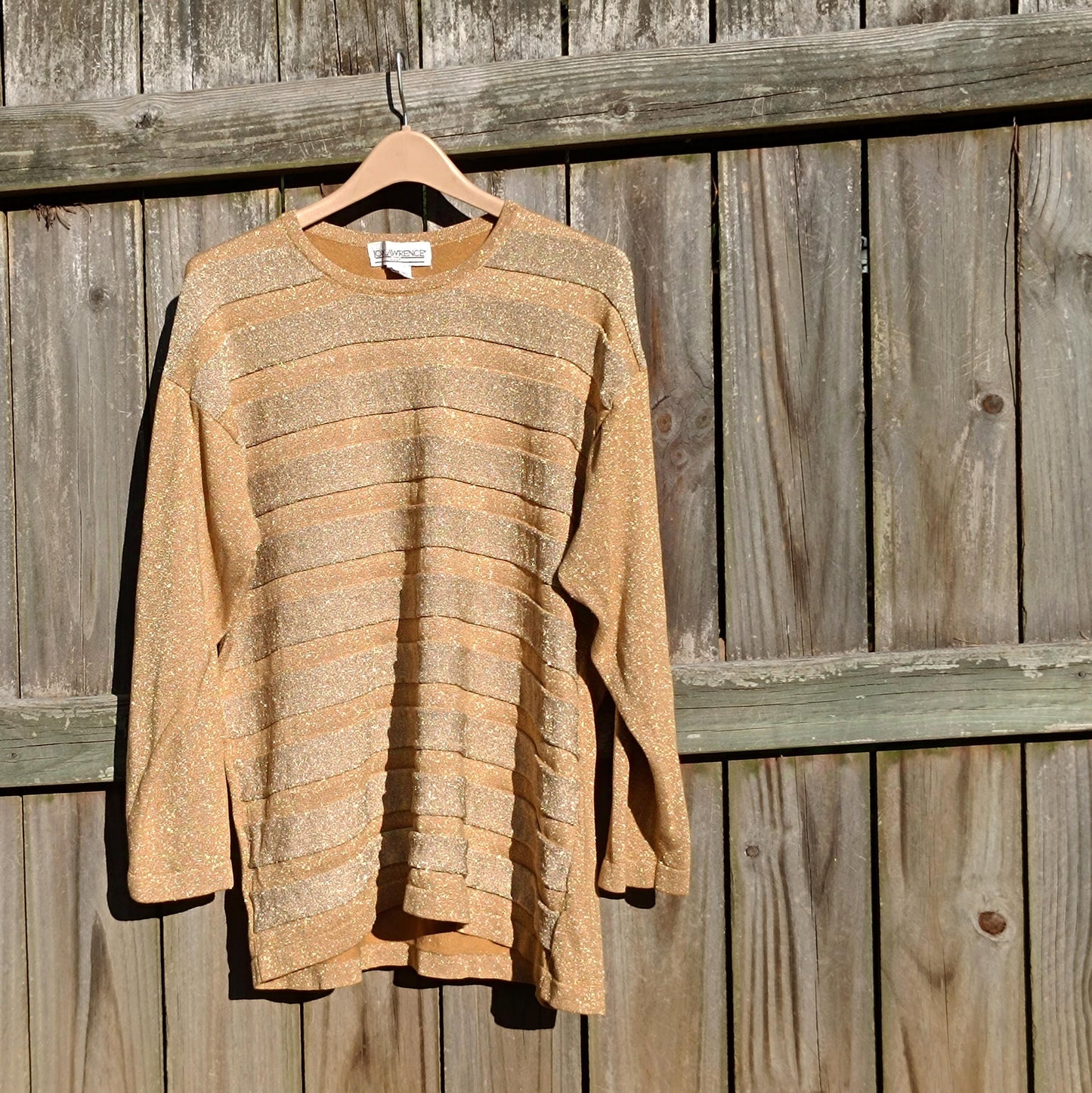 80s Jon Lawrence Party Top| Vintage Metallic Festive Blouse| Gold-Tone Shimmery Women's Festive Crew neck