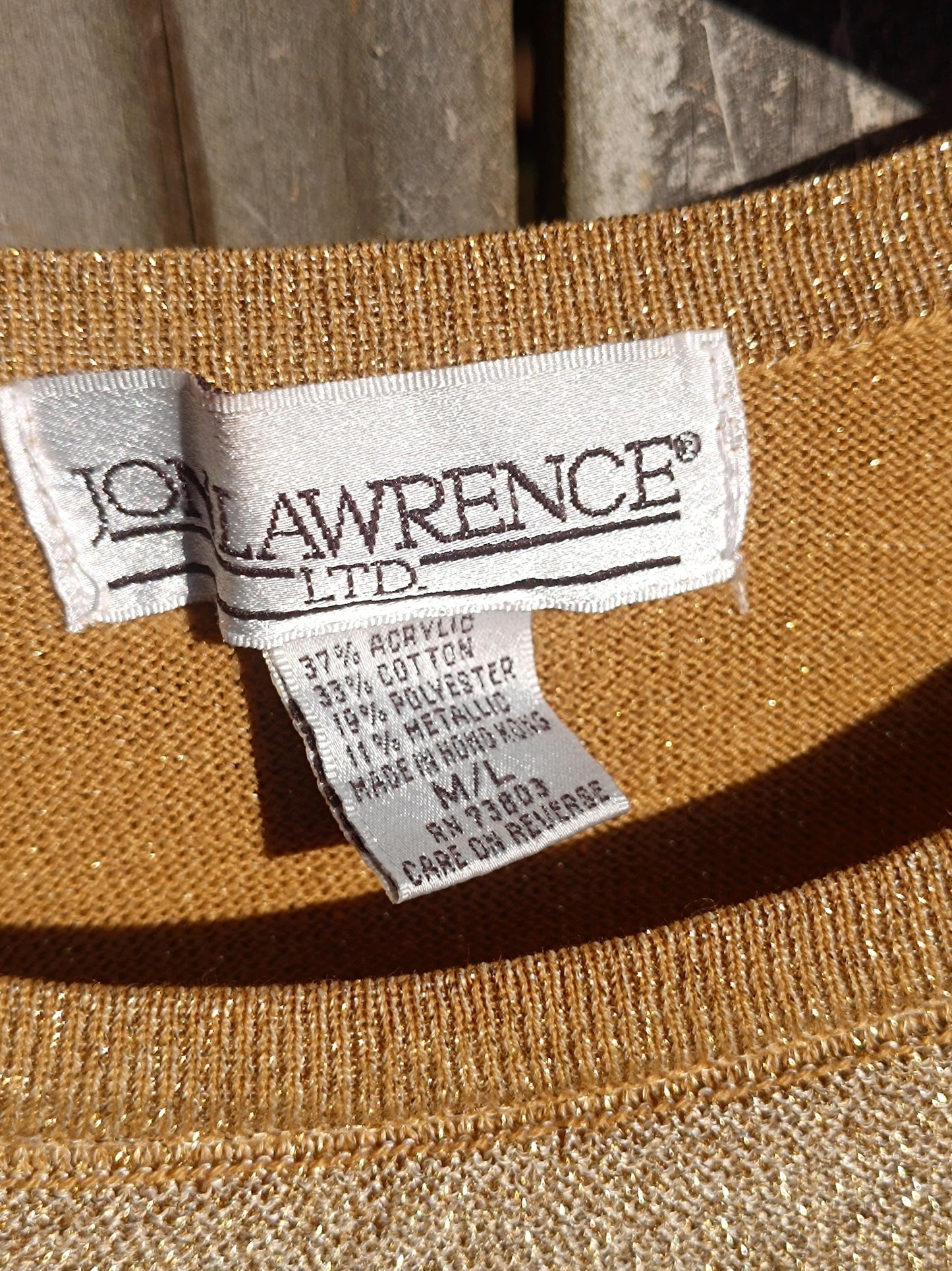 80s Jon Lawrence Party Top| Vintage Metallic Festive Blouse| Gold-Tone Shimmery Women's Festive Crew neck