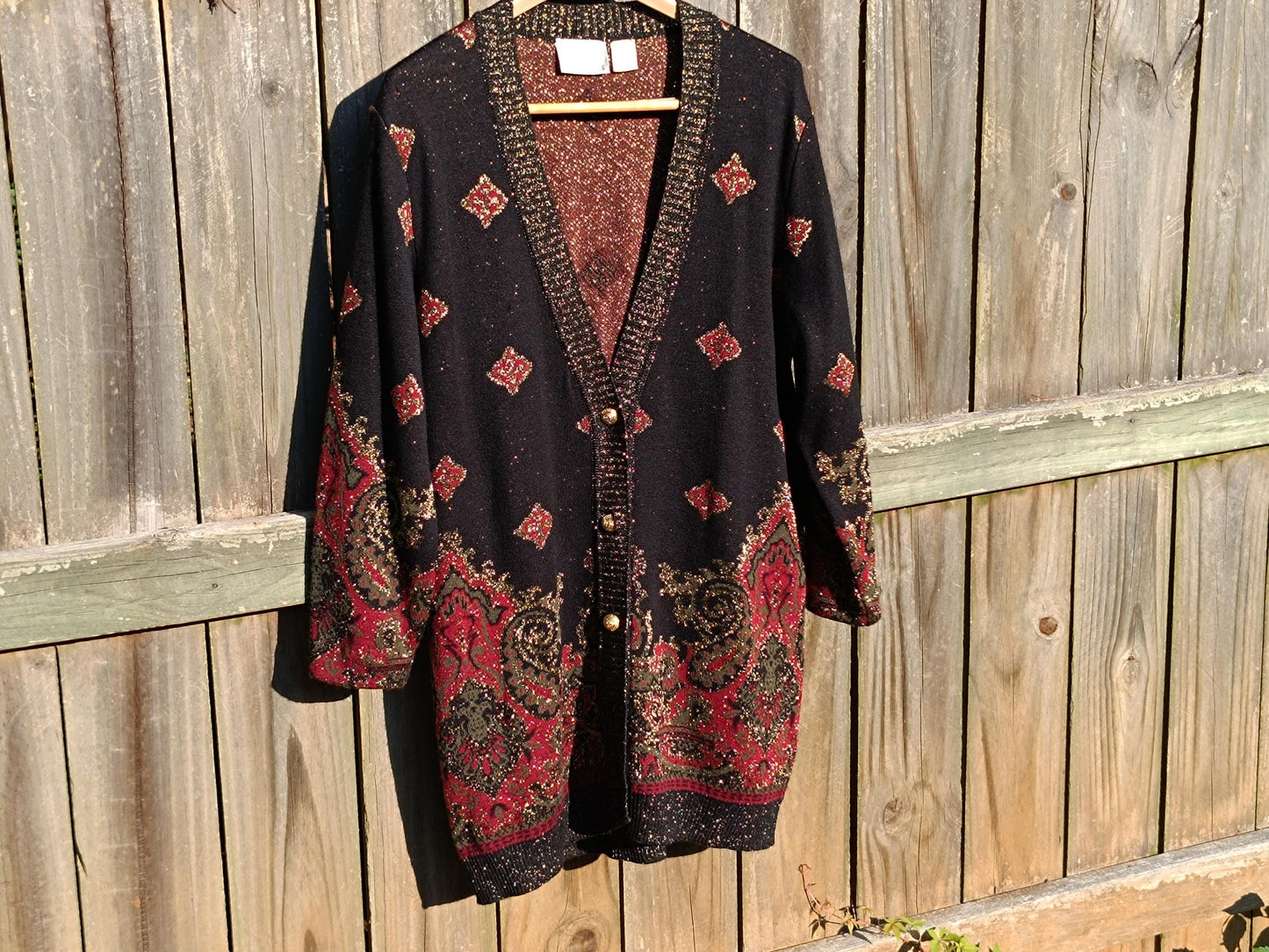 80s Domanni Cardigan| Vintage Metallic Festive Sweater| Gold-Tone Shimmery Women's Festive Crew neck