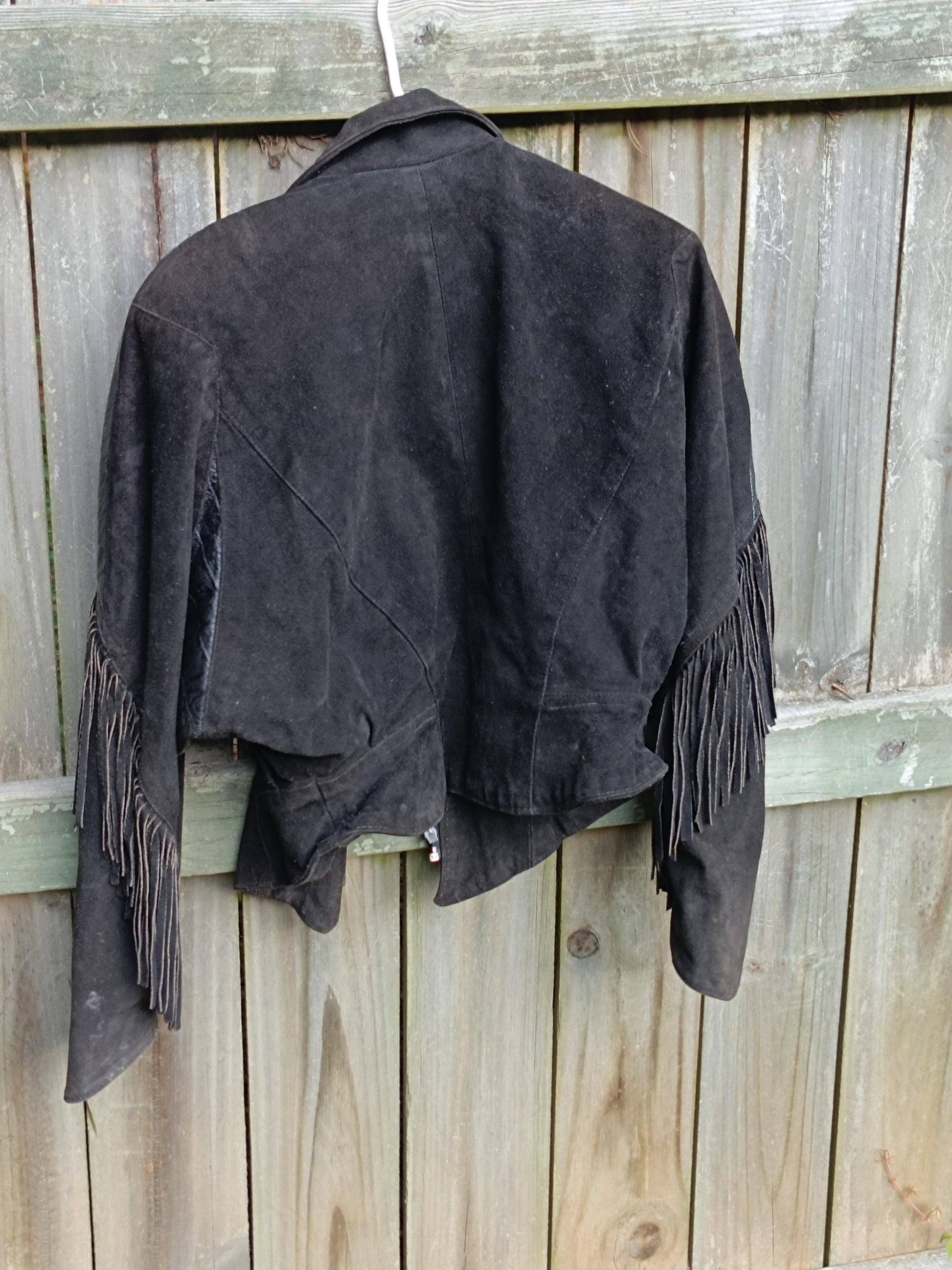 Phoenix Women's Suede Jacket| Vintage Black Cowgirl Fringed Cropped Coat| 80s Western-inspired Jacket
