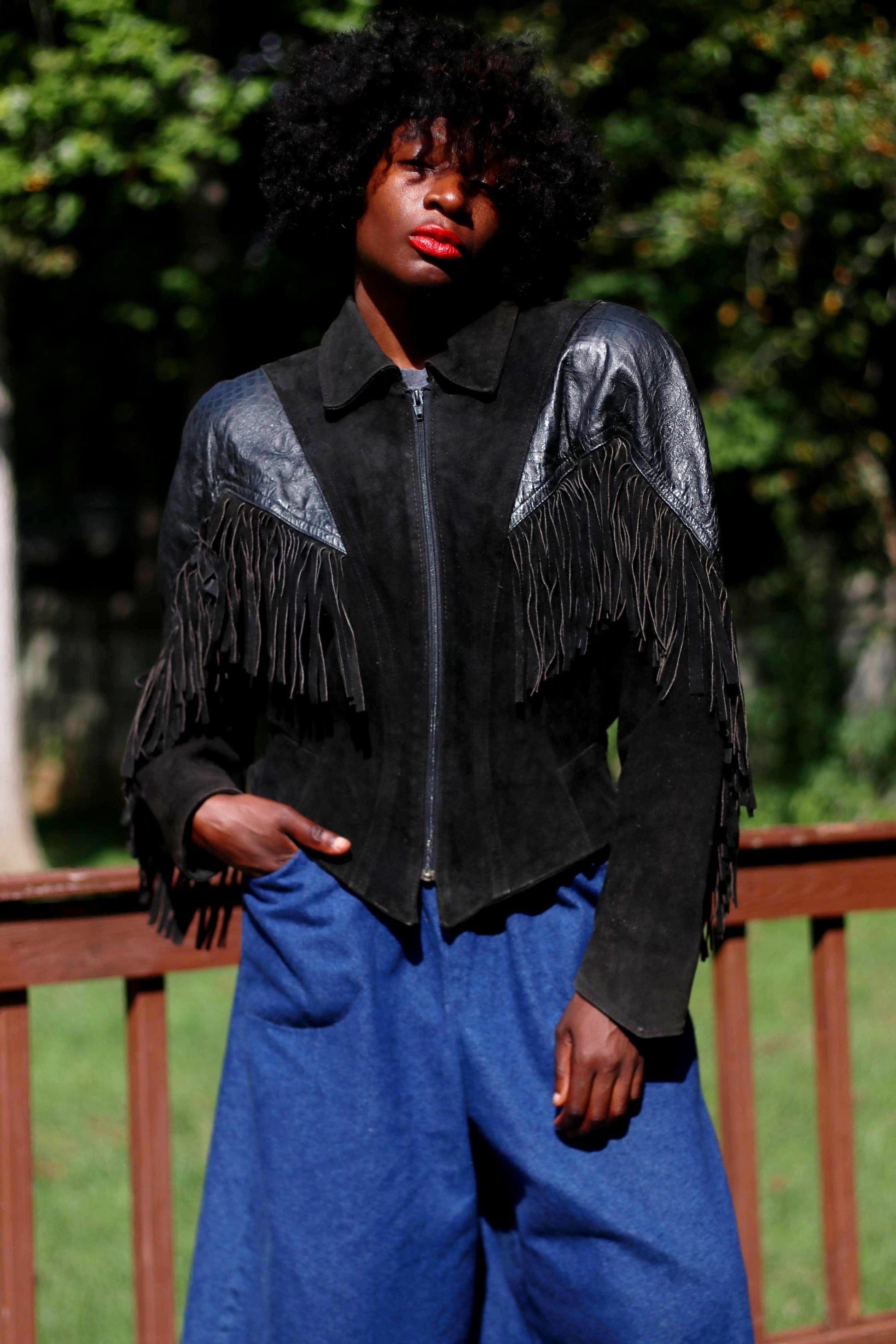 Phoenix Women's Suede Jacket| Vintage Black Cowgirl Fringed Cropped Coat| 80s Western-inspired Jacket