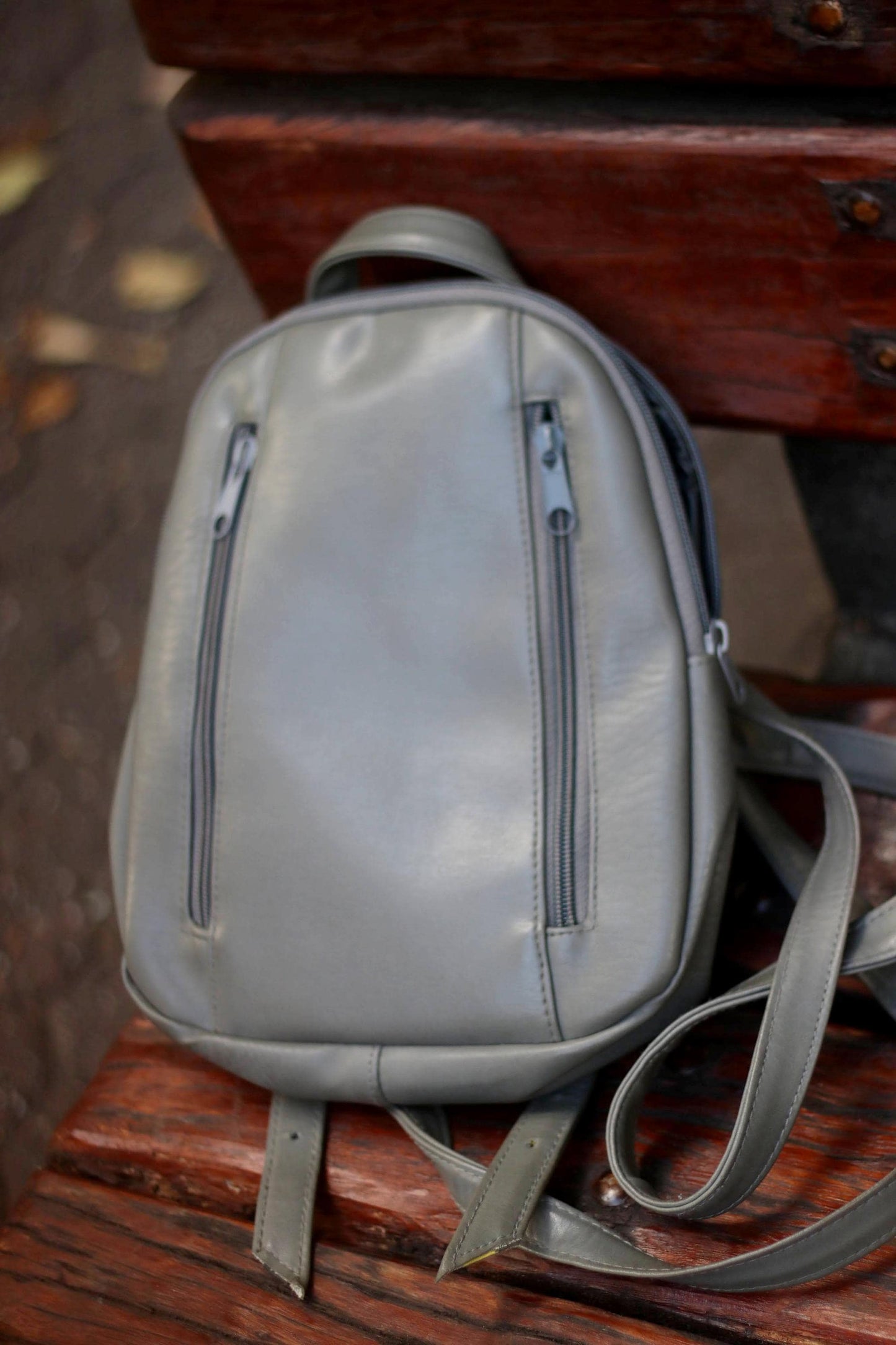 90s Grey Leather Backpack| Vintage Minimalist Street style Mini backpack