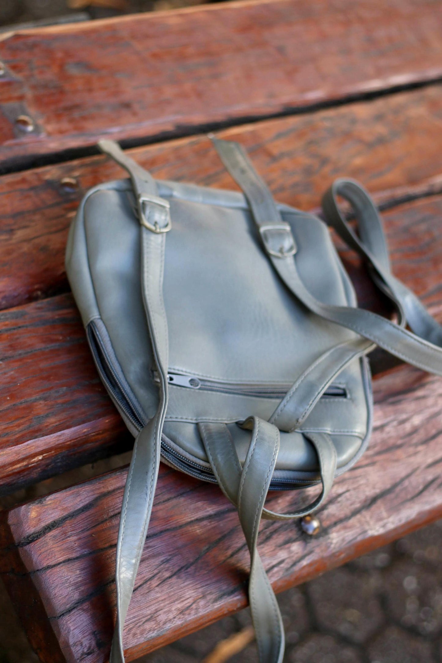 90s Grey Leather Backpack| Vintage Minimalist Street style Mini backpack