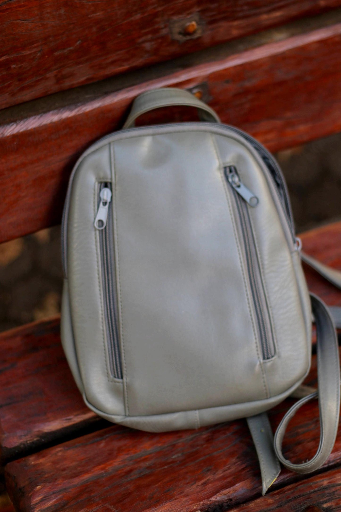 90s Grey Leather Backpack| Vintage Minimalist Street style Mini backpack