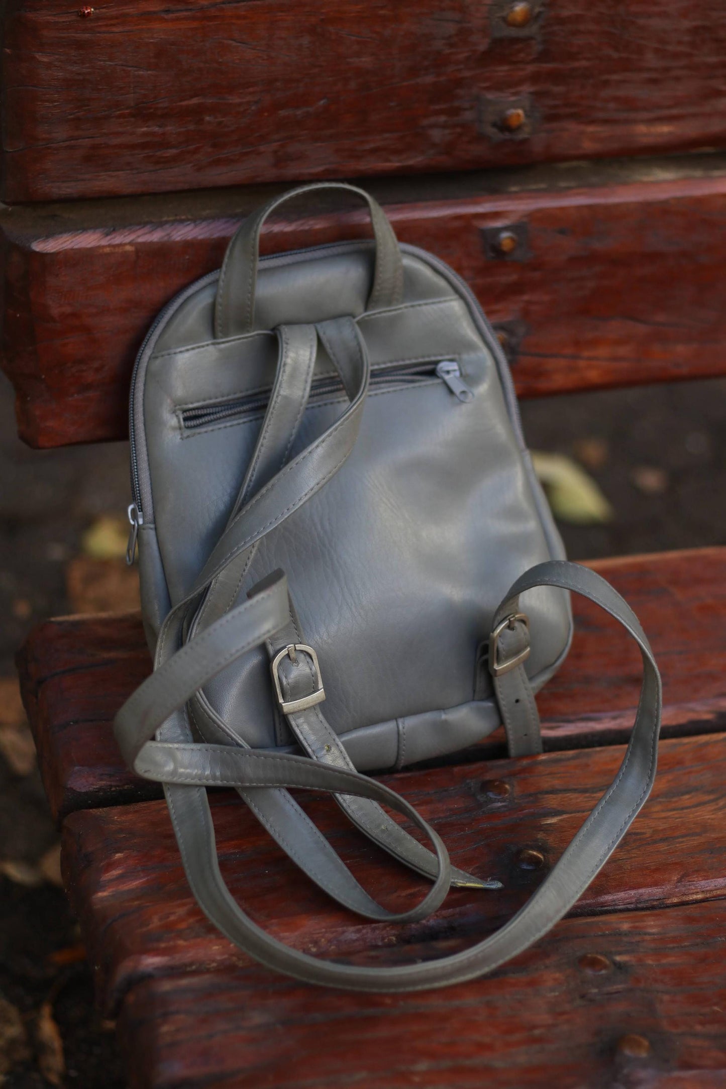 90s Grey Leather Backpack| Vintage Minimalist Street style Mini backpack