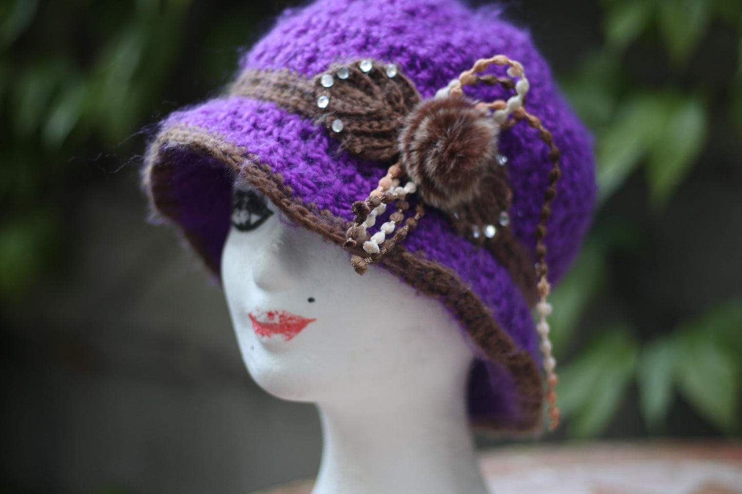 y2k Purple Knitted Hat| Vintage Cozy Hat with Floral Beaded Details |Maximalist Quirky Headpiece| EMO Girl Accessory