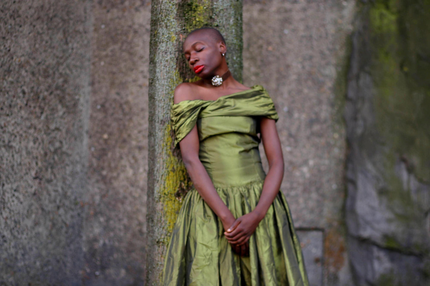 80s Prom Dress| Vintage Green Off-the-Shoulder Evening Dress| Women's Opulent Taffeta Dress