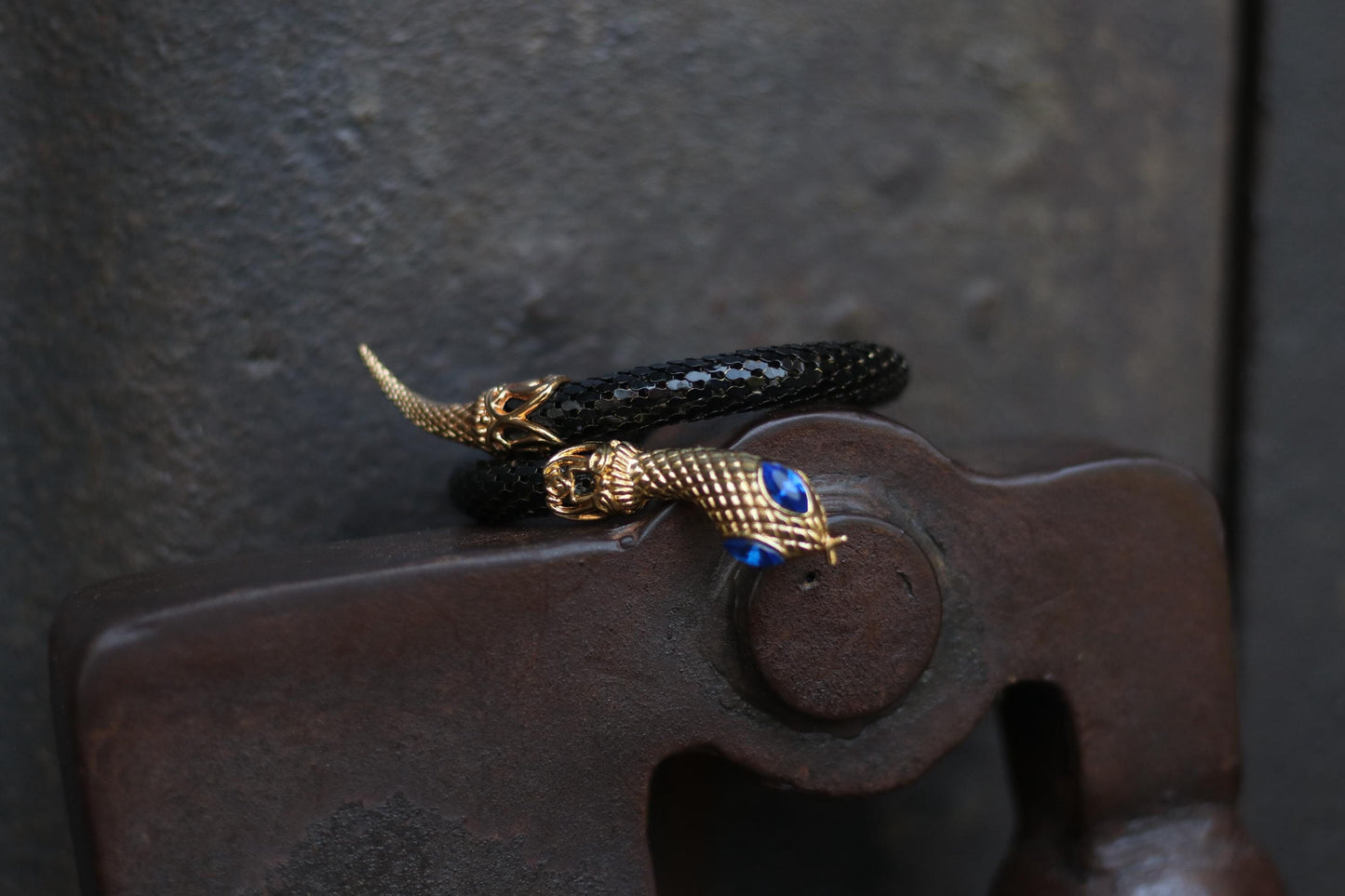 80s Kitchsy Snake Motif Bracelet| Vintage Black and Gold-Toned Bracelet|
