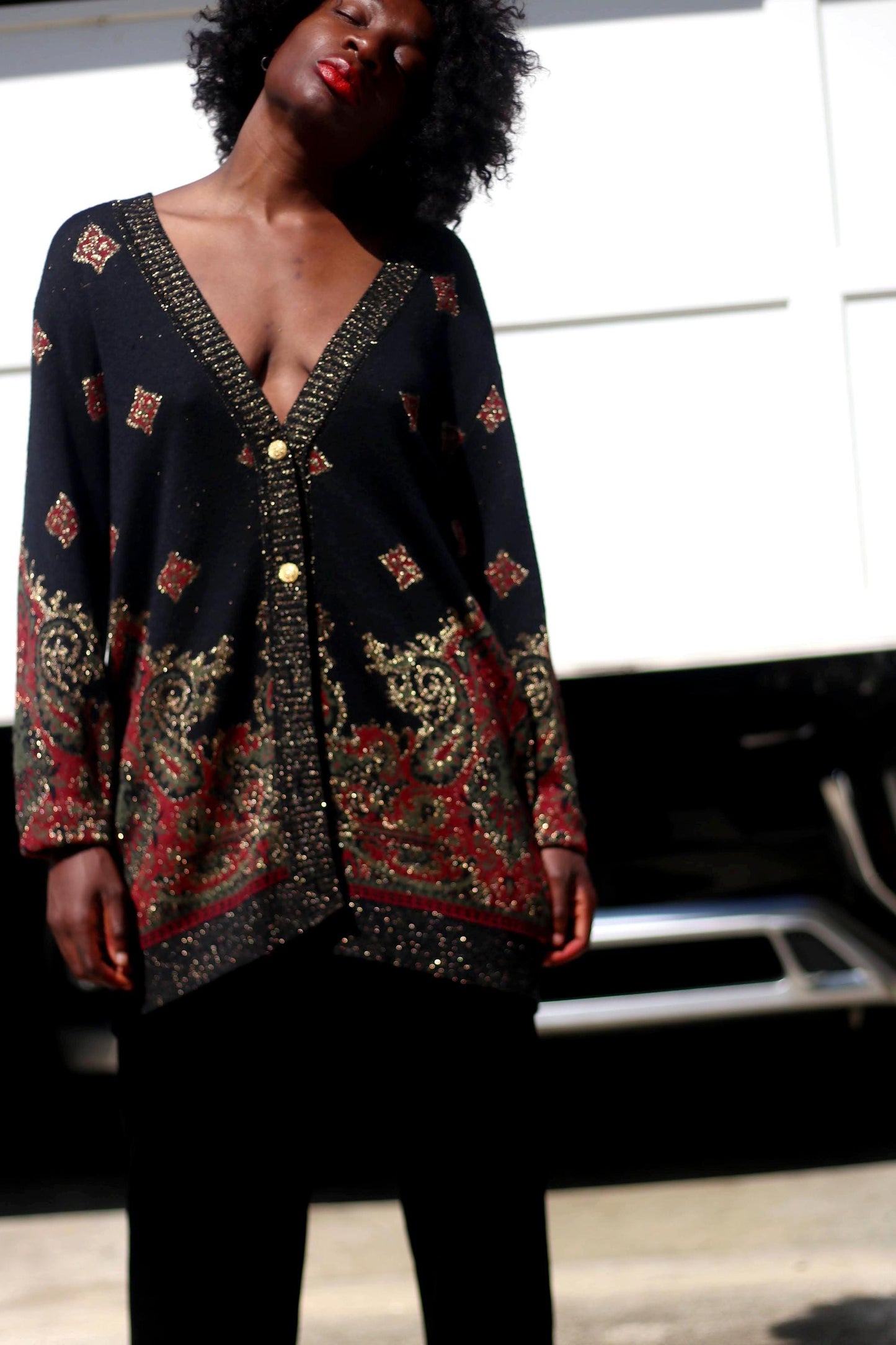 80s Domanni Cardigan| Vintage Metallic Festive Sweater| Gold-Tone Shimmery Women's Festive Crew neck