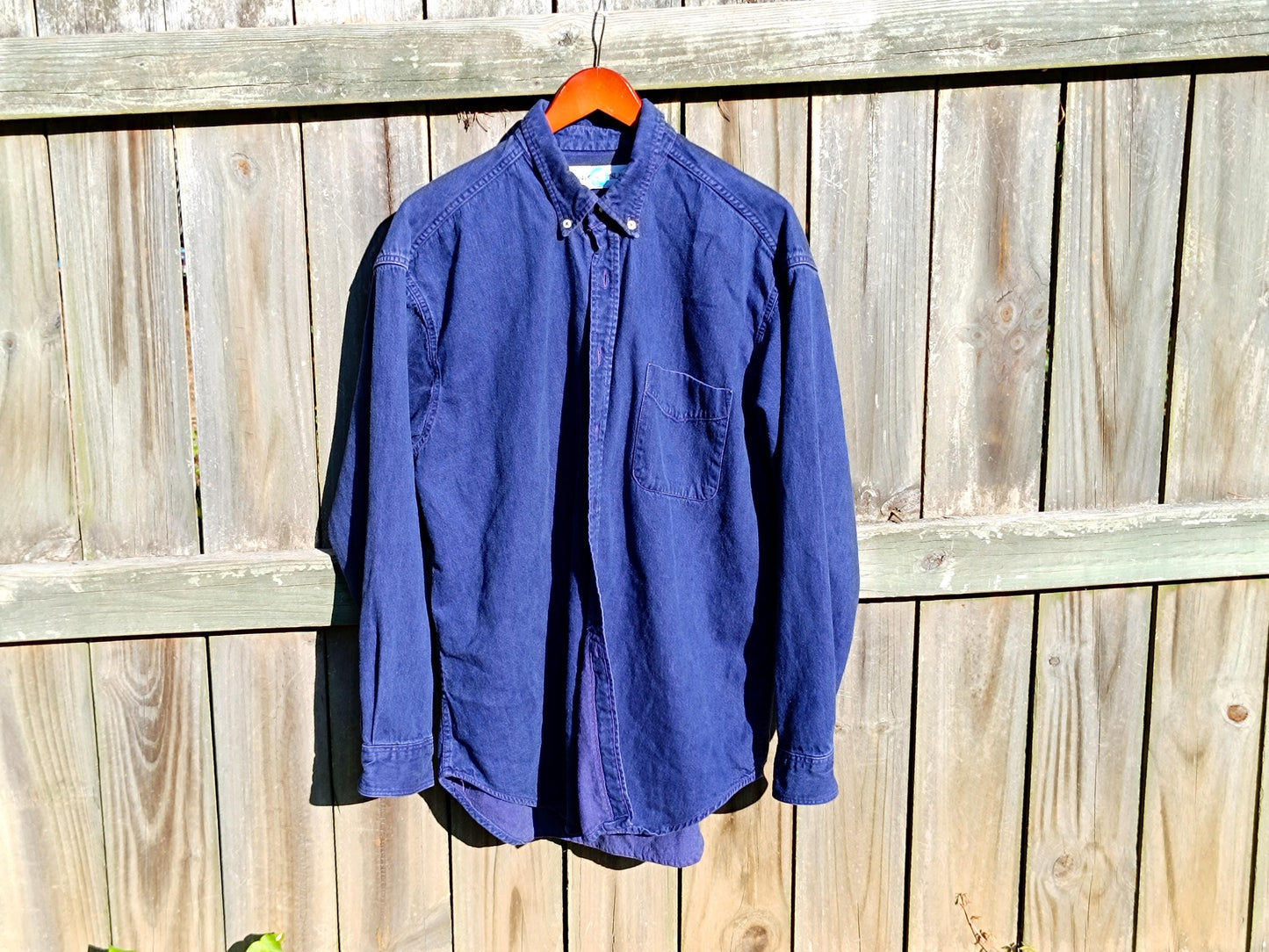 90s World Island Denim Shirt | Vintage Blue Buttoned down Unisex Shirt| Women's Classic Jeans Design
