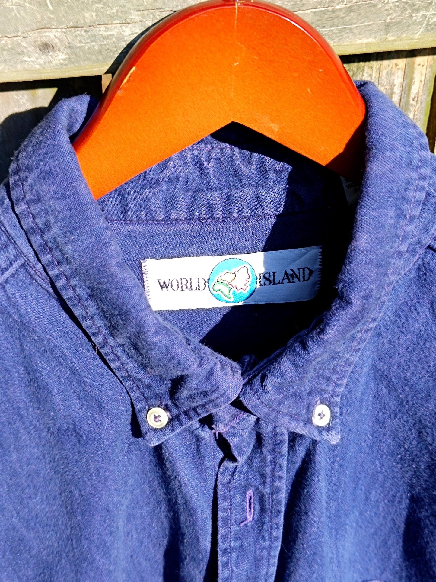 90s World Island Denim Shirt | Vintage Blue Buttoned down Unisex Shirt| Women's Classic Jeans Design