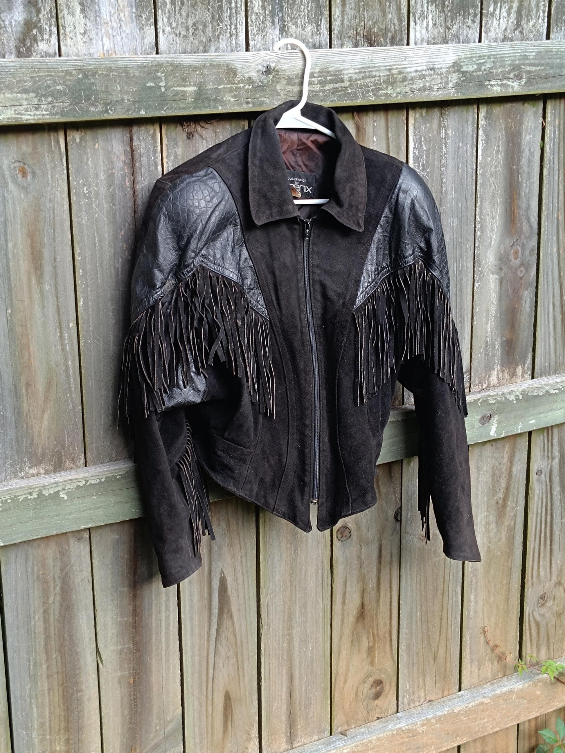 Phoenix Women's Suede Jacket| Vintage Black Cowgirl Fringed Cropped Coat| 80s Western-inspired Jacket