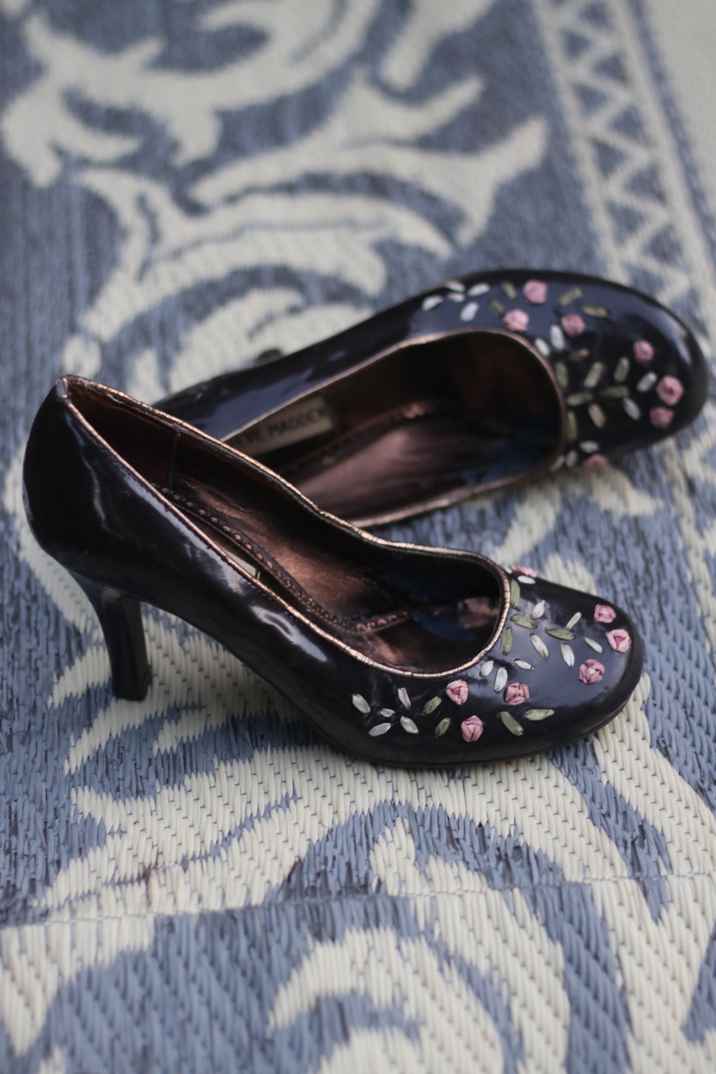 Rare Steve Madden Floral Heels | Vintage Retro Women's Square Toe Shoes | 90s Demure Brown Stilettoes