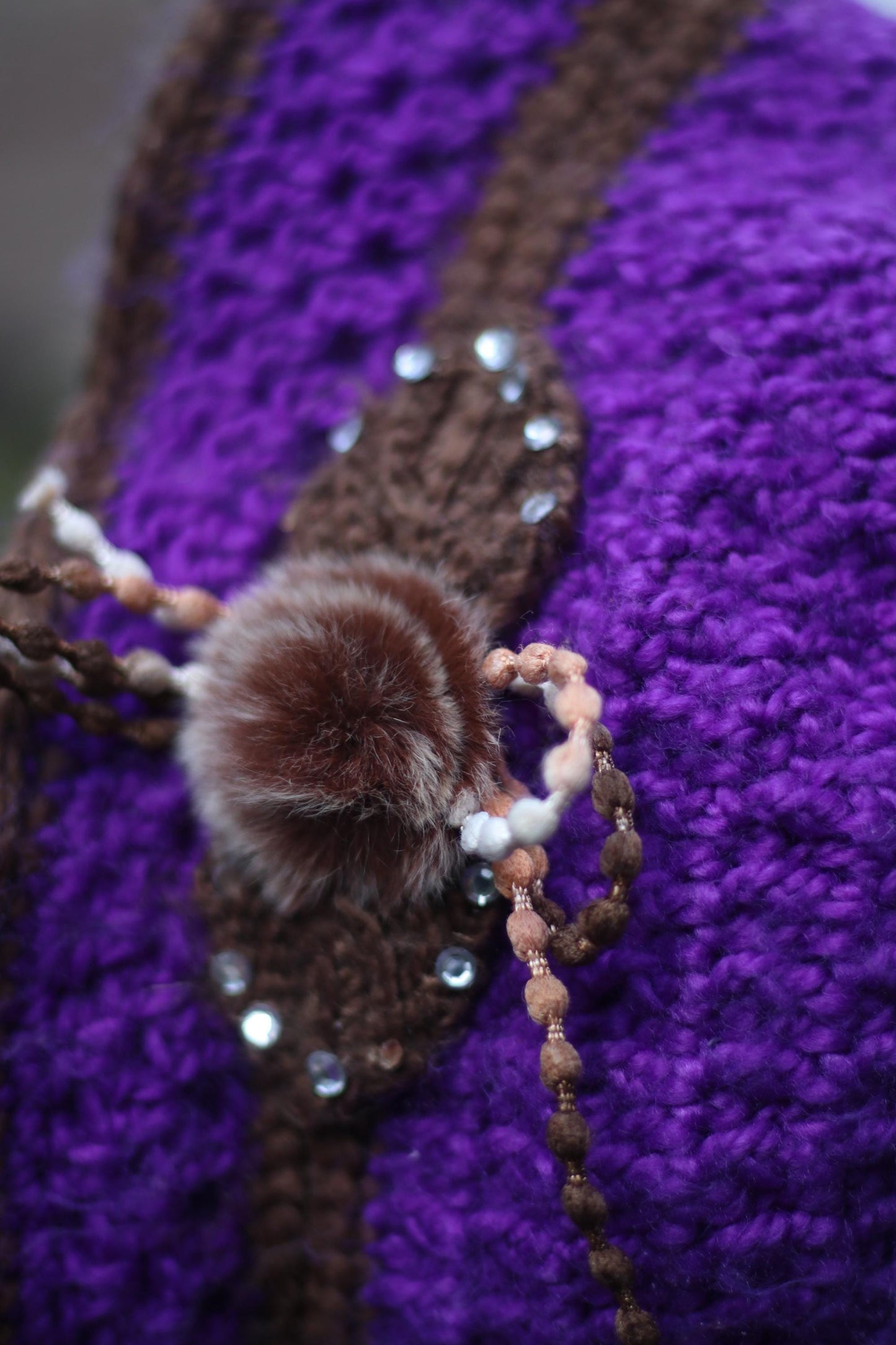 y2k Purple Knitted Hat| Vintage Cozy Hat with Floral Beaded Details |Maximalist Quirky Headpiece| EMO Girl Accessory