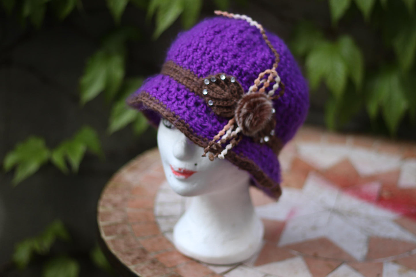 y2k Purple Knitted Hat| Vintage Cozy Hat with Floral Beaded Details |Maximalist Quirky Headpiece| EMO Girl Accessory