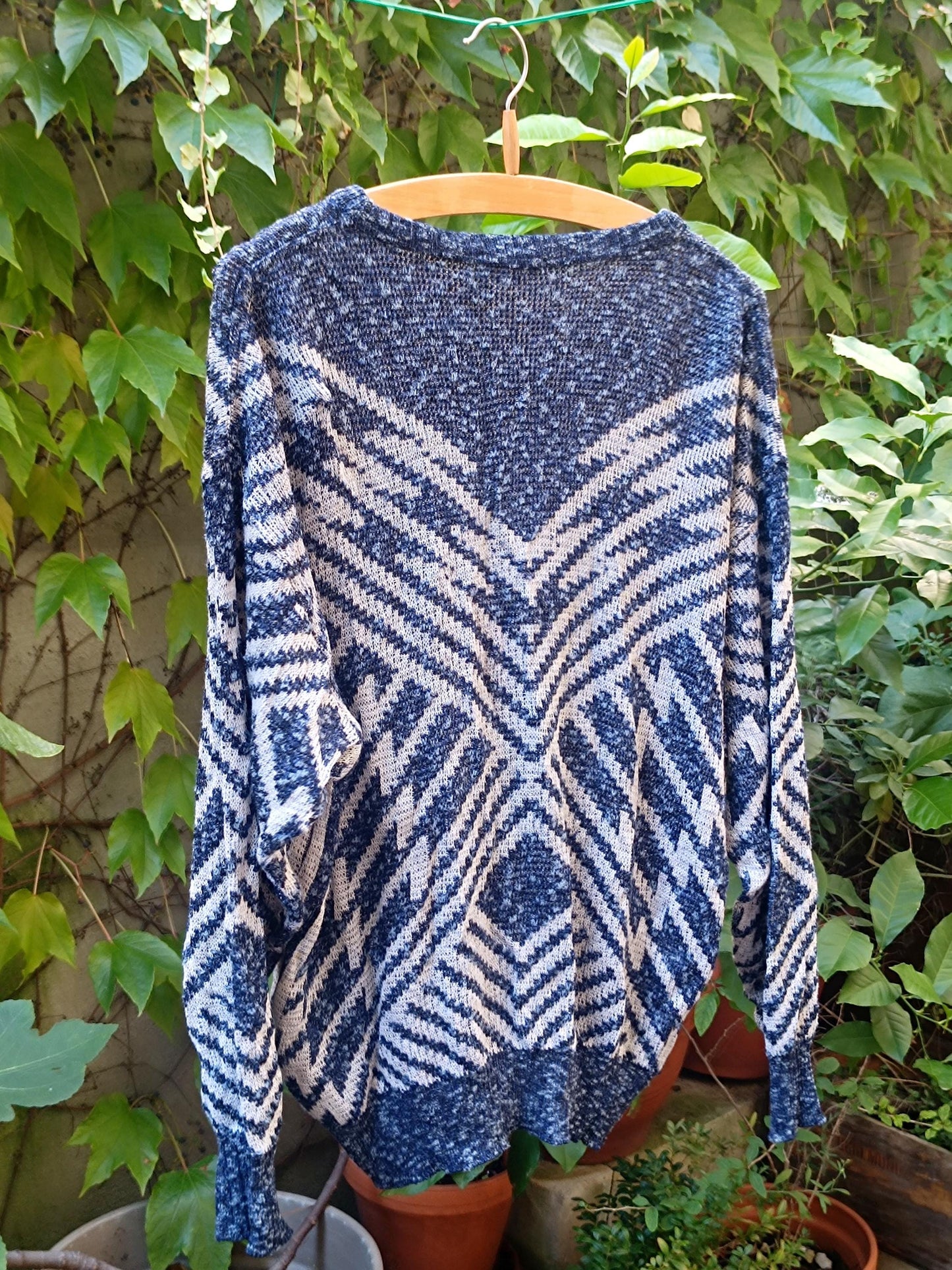 80s Crazy Print Sweater| Vintage Bleyle Women's Blue Long sleeved Knit|