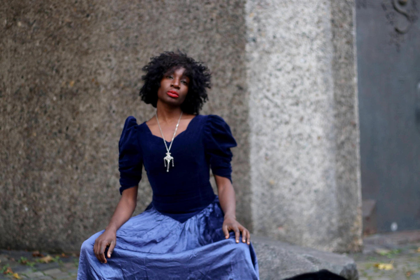 80s Gothic Dress| Vintage Tonal Blue Dress with Floral Details| Opulent Maxi Evening Prom Dress