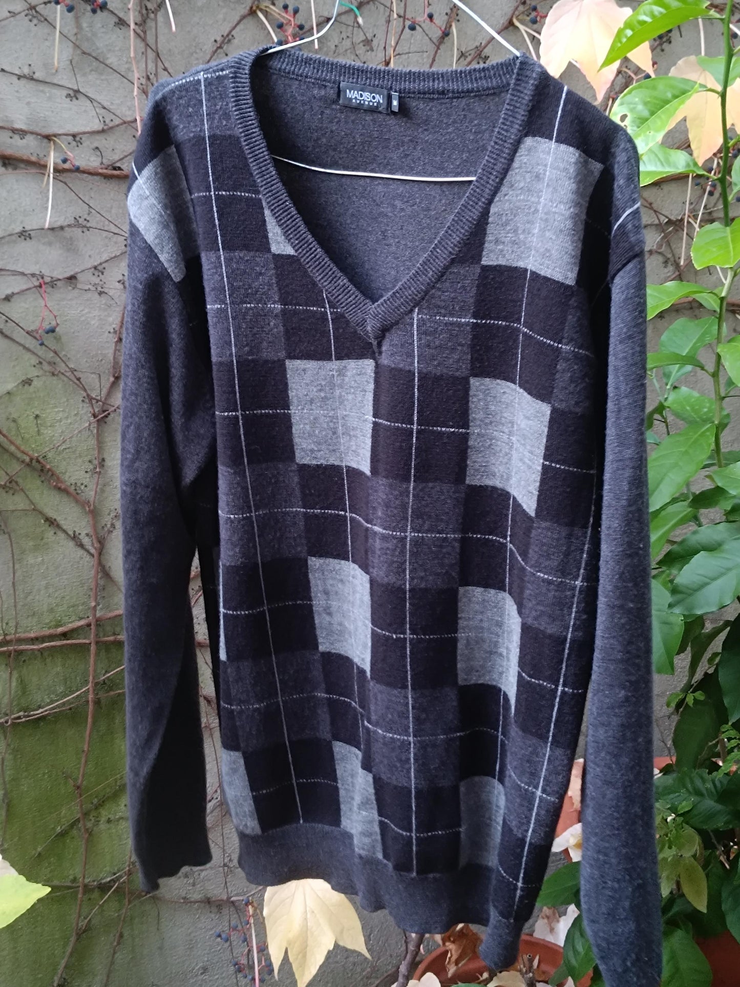 90s Checkered Print Sweater| Vintage Wool Blend Madison Knit| Preppy Chic Black Jumper