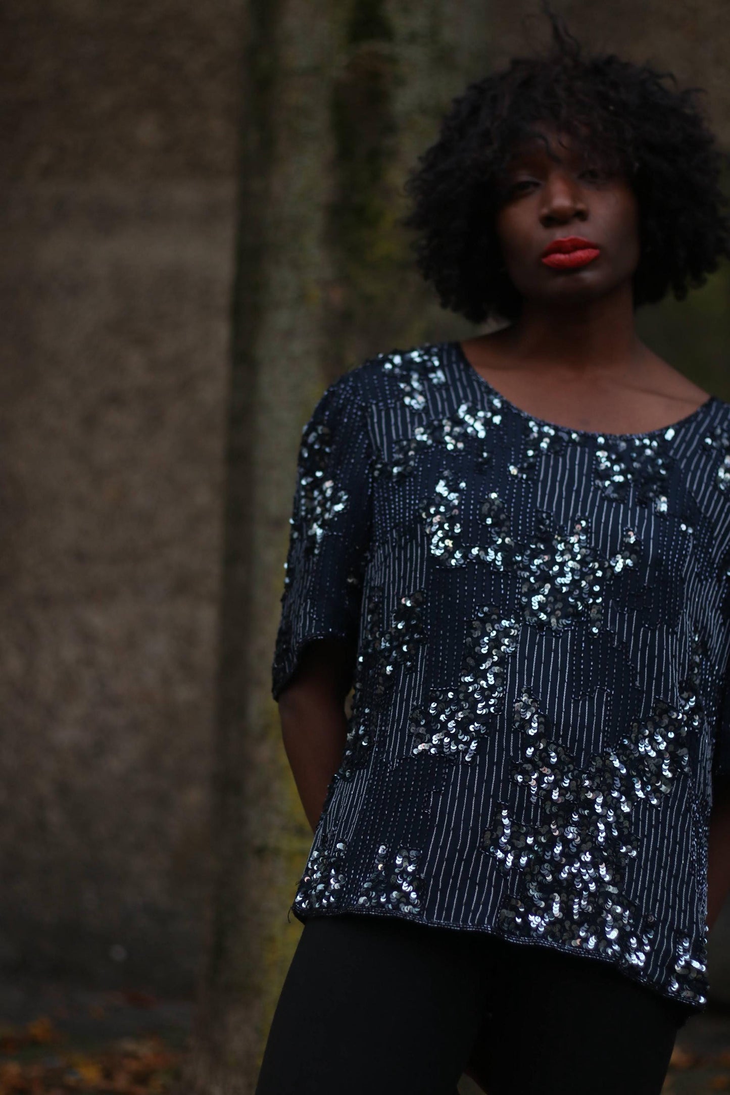 80s Sequinned Top| Vintage Women's Black Sequinned Oversized Short Sleeved Silk Party Top