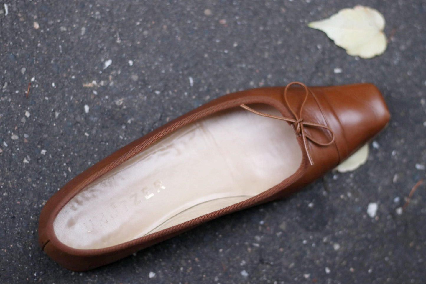 UNÜTZER Square-toe Flats| Vintage Genuine Leather Brown Minimalist Ballerinas with bow detail EU38