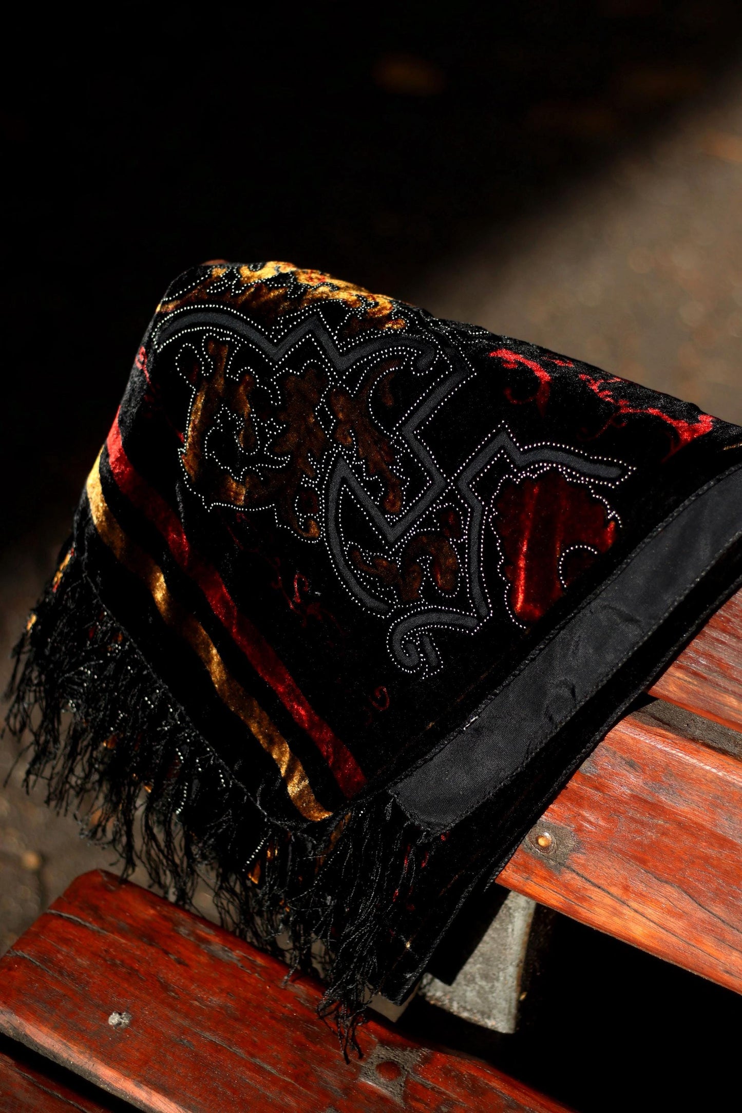 80s Gothic Inspired scarf| Vintage Women's andmade black Tasseled scarf|
