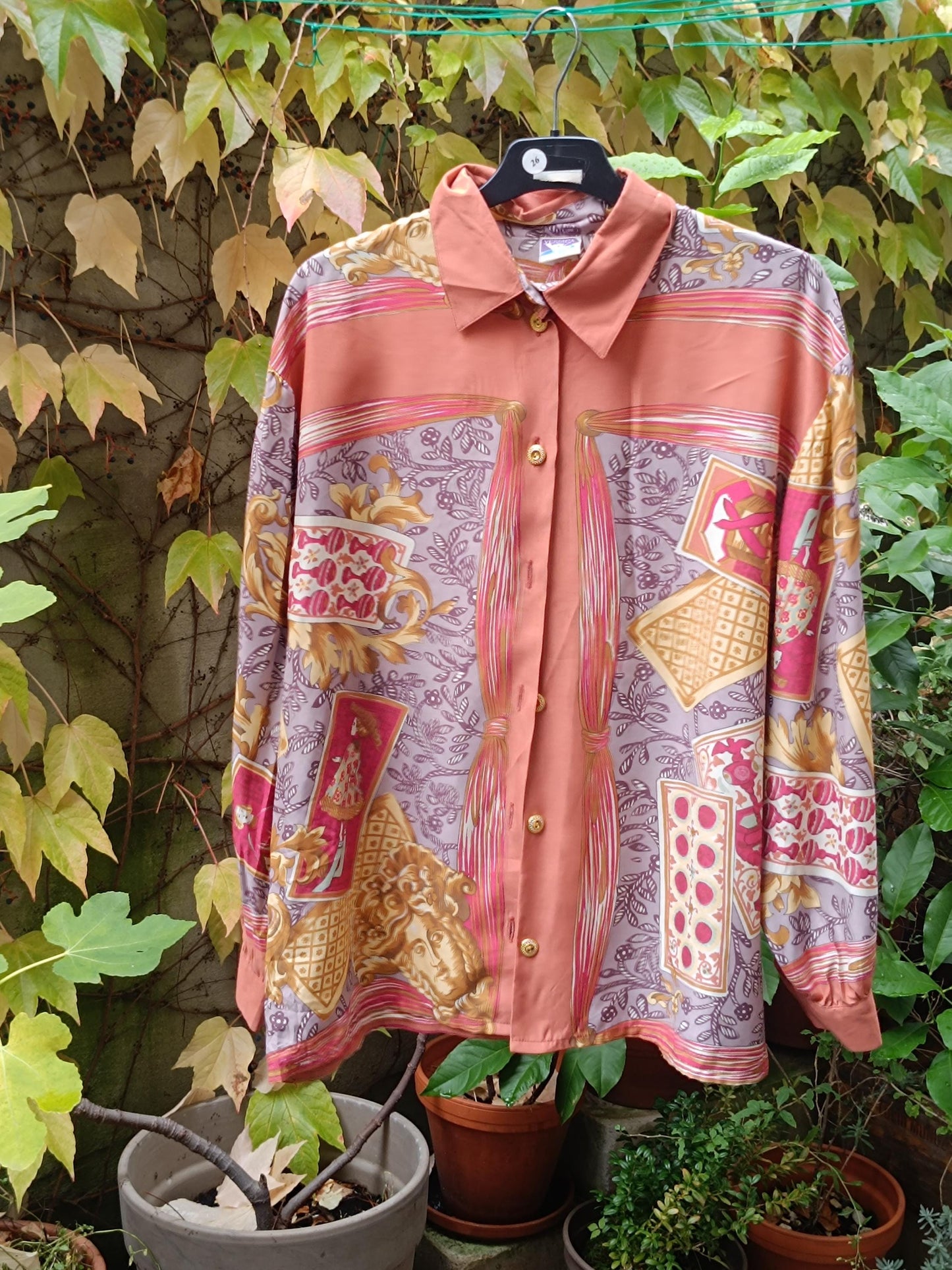 80s Crazy Print Blouse| Vintage Yessica Opulent Print Orange Buttoned Down Shirt | Women's Long Sleeved Shirt