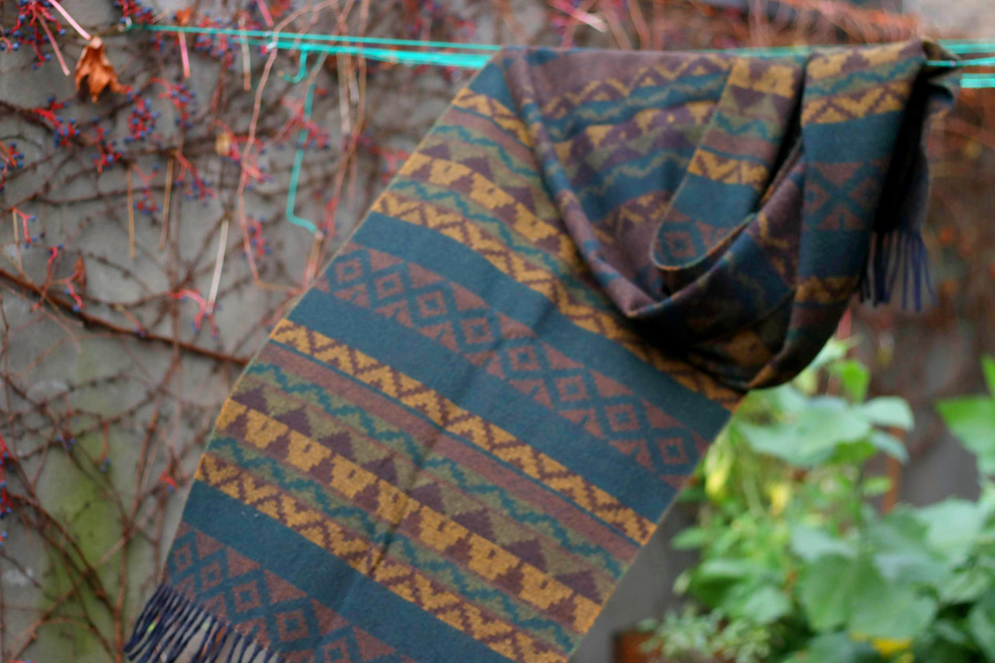 90s Boho Winter Scarf | Vintage Ethno Inspired Print Brown Scarf| Men's Oversized scarf with fringes