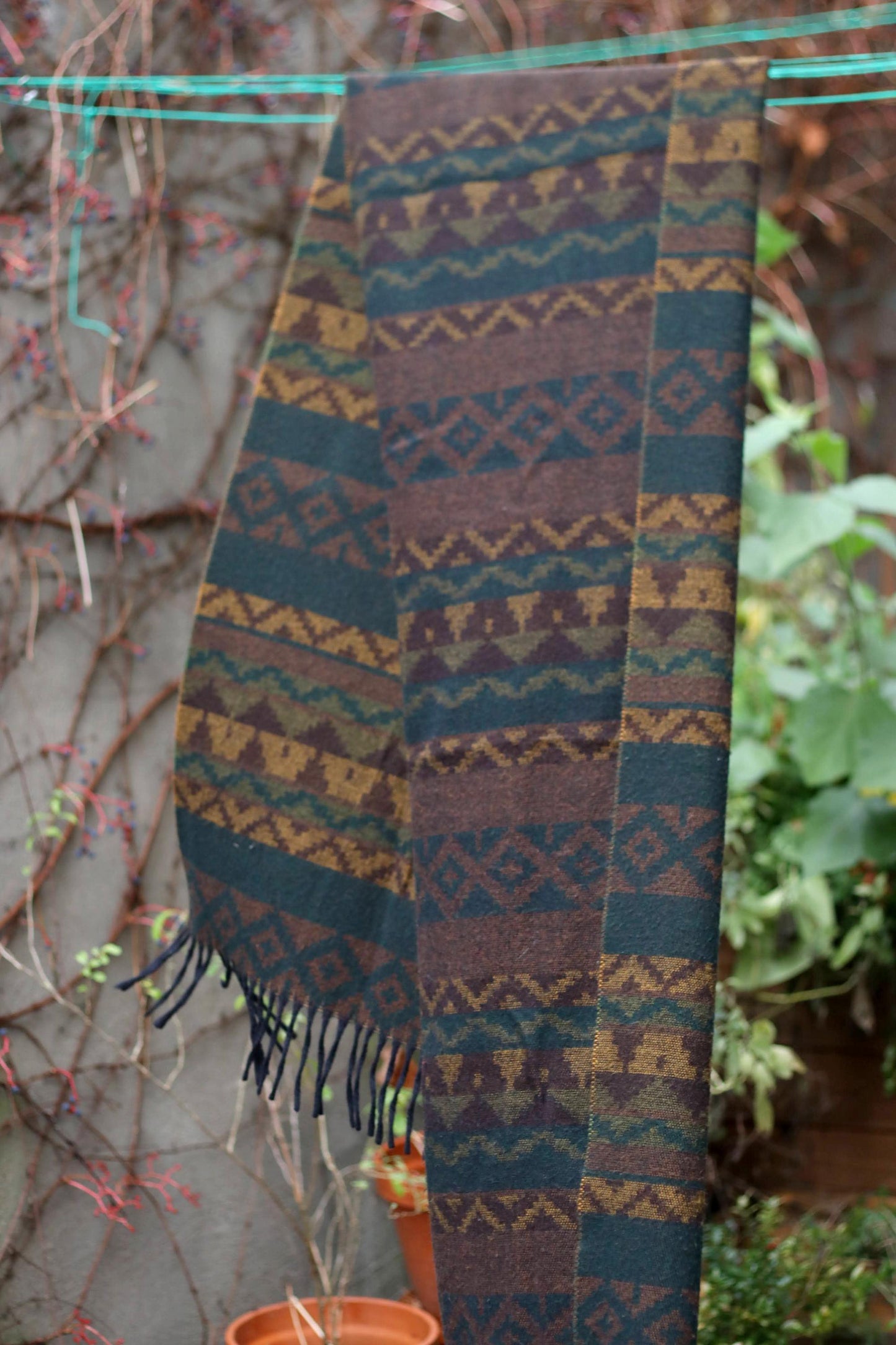 90s Boho Winter Scarf | Vintage Ethno Inspired Print Brown Scarf| Men's Oversized scarf with fringes