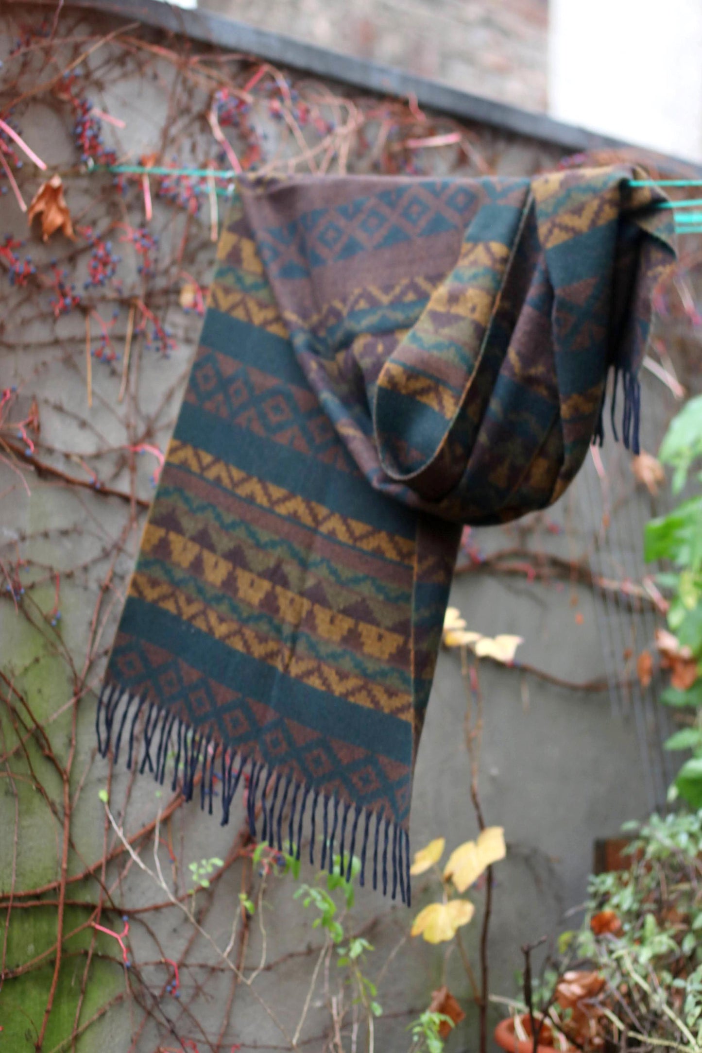 90s Boho Winter Scarf | Vintage Ethno Inspired Print Brown Scarf| Men's Oversized scarf with fringes