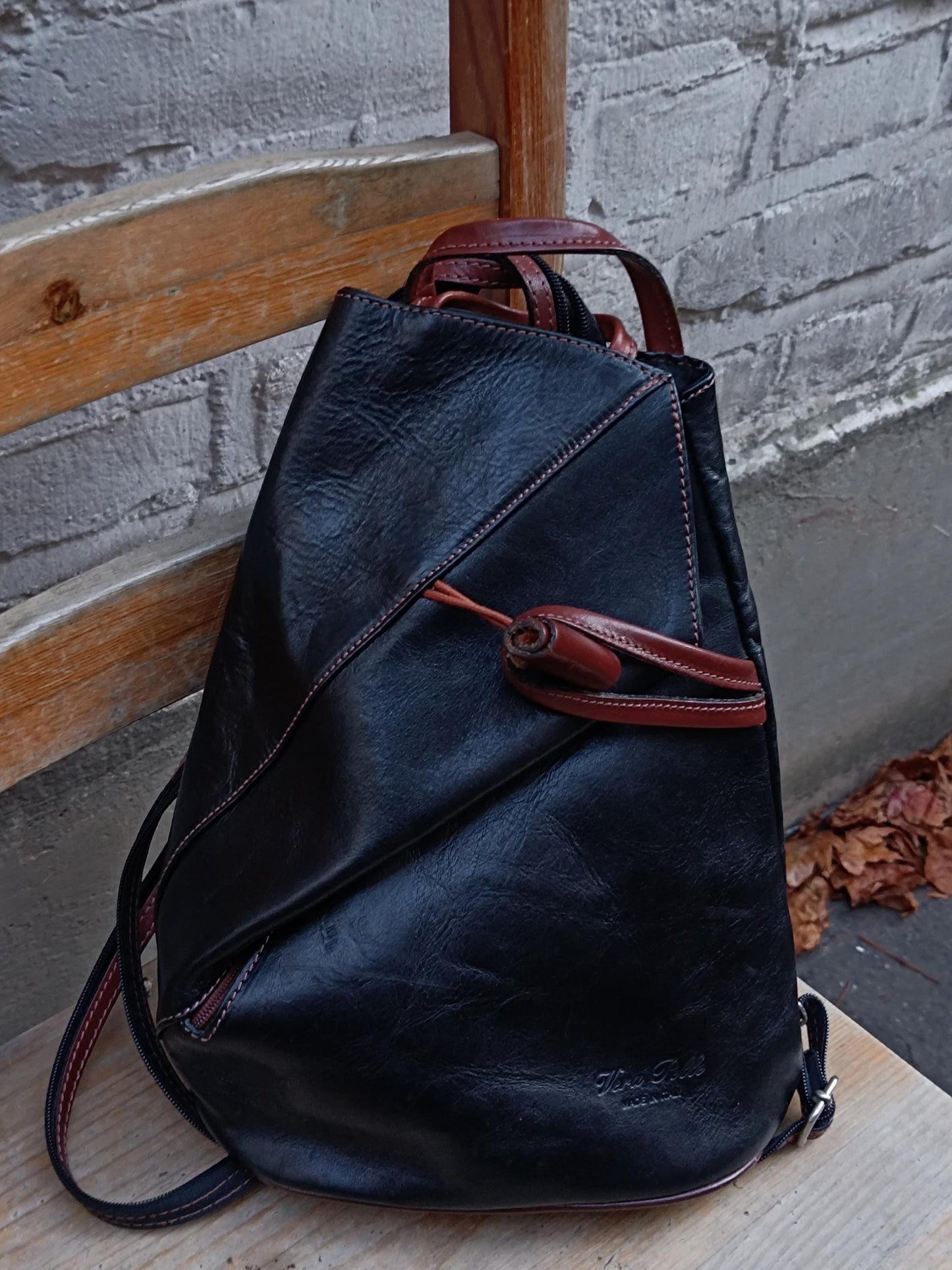 90s Leather Backpack| Vintage Asymmetric Mini Black Bag| Minimalist Women's Bag