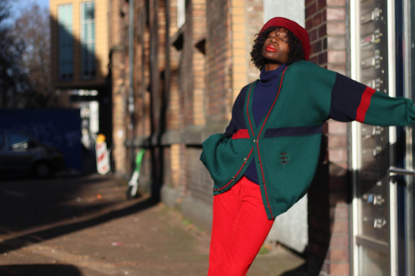 90s Collegiate Cardigan| Vintage Preppy Red and Green Long-sleeved knit