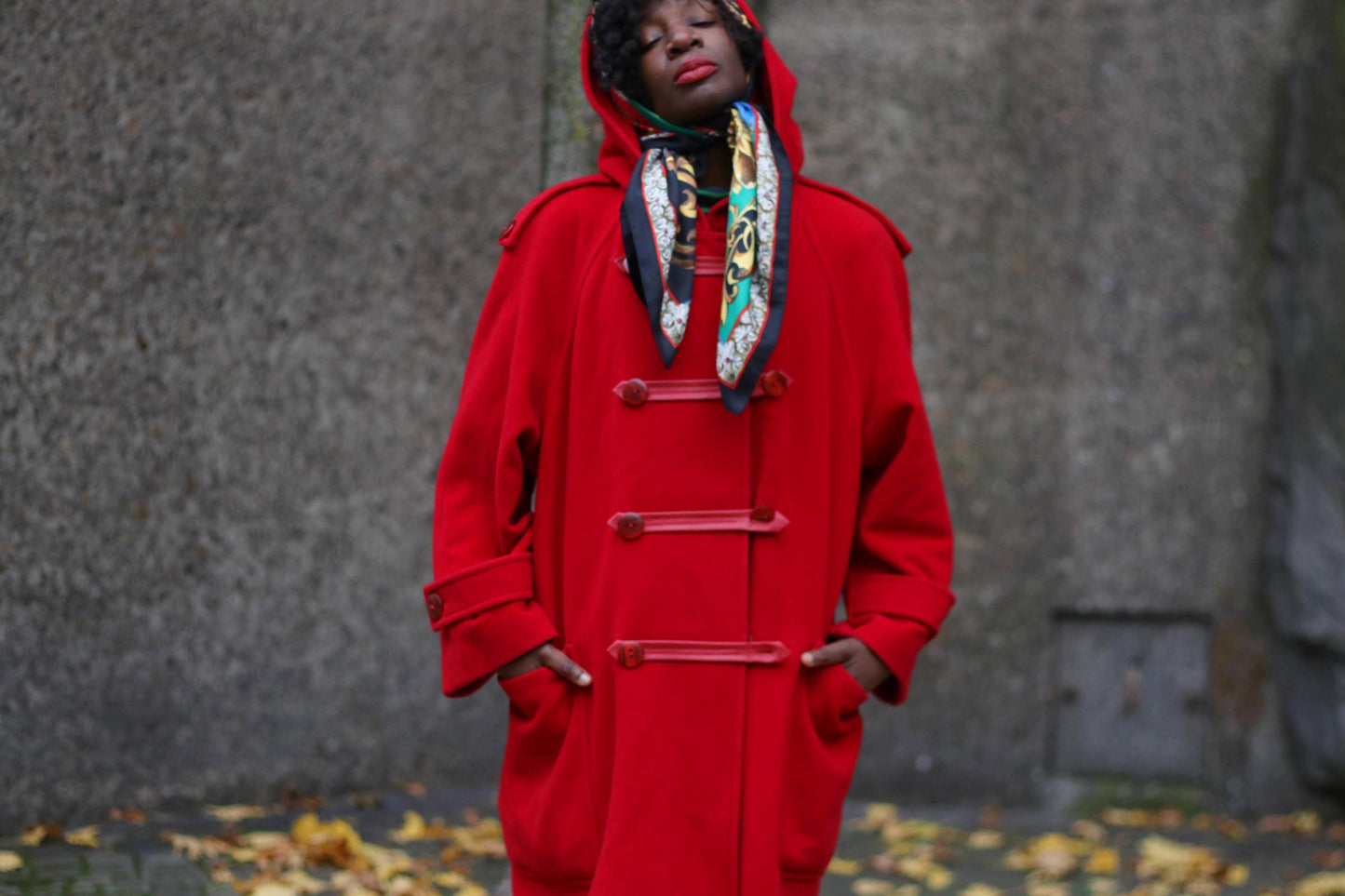 80s Wool Blend Winter Coat | Vintage Whimsical Red Coat with Hood | Women's Elegant Retro Bold Coat|