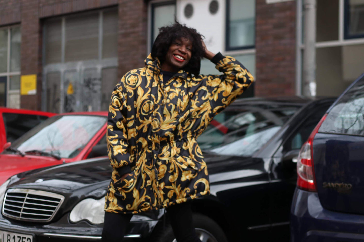 80s Swirly Print Gold Parka Jacket| Vintage New Fast Hooded Coat| Cozy Women's Black Lightweight jacket with faux fur Hood Size S-M|