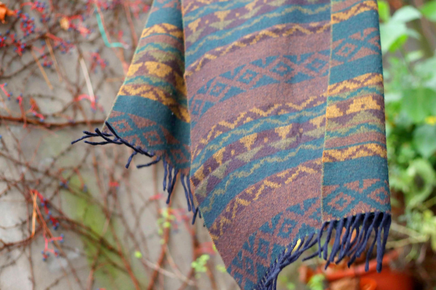 90s Boho Winter Scarf | Vintage Ethno Inspired Print Brown Scarf| Men's Oversized scarf with fringes