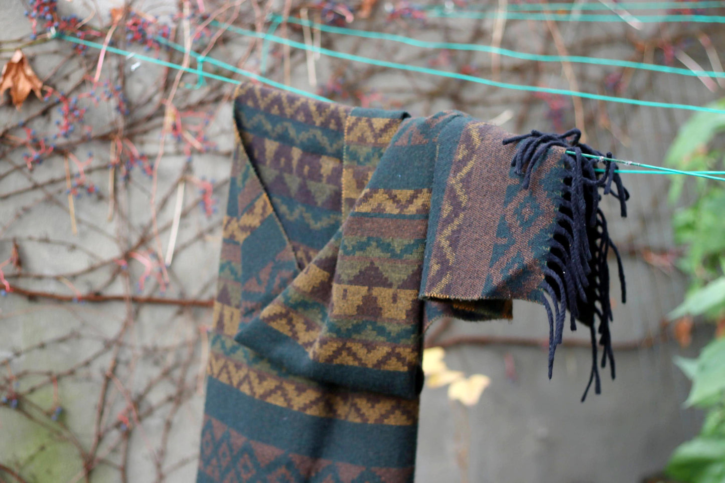90s Boho Winter Scarf | Vintage Ethno Inspired Print Brown Scarf| Men's Oversized scarf with fringes