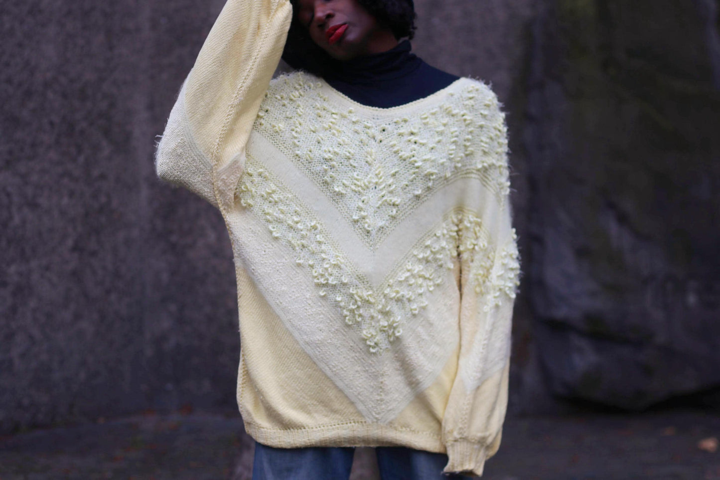 80s Fuzzy Yellow Sweater| Women's Winter Long Sleeved Knitwear| Statement Sweater with