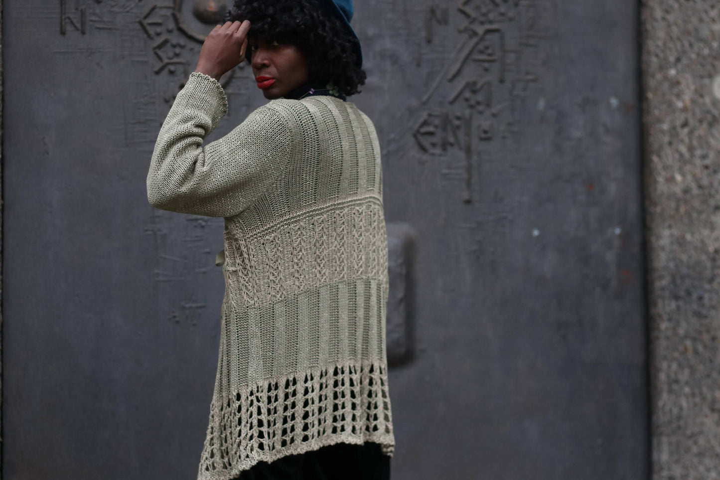Alex Bargoudian Paris Metallic Cardigan| Vintage Green Boho Festive Sweater| 90s Gold-Tone Shimmery Women's V Neck