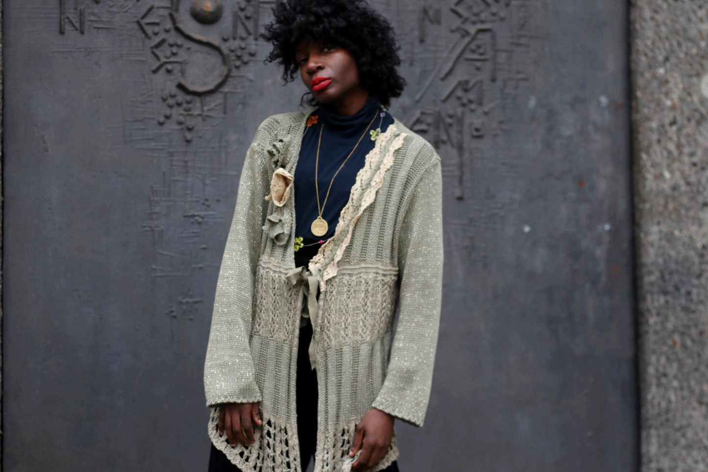 Alex Bargoudian Paris Metallic Cardigan| Vintage Green Boho Festive Sweater| 90s Gold-Tone Shimmery Women's V Neck