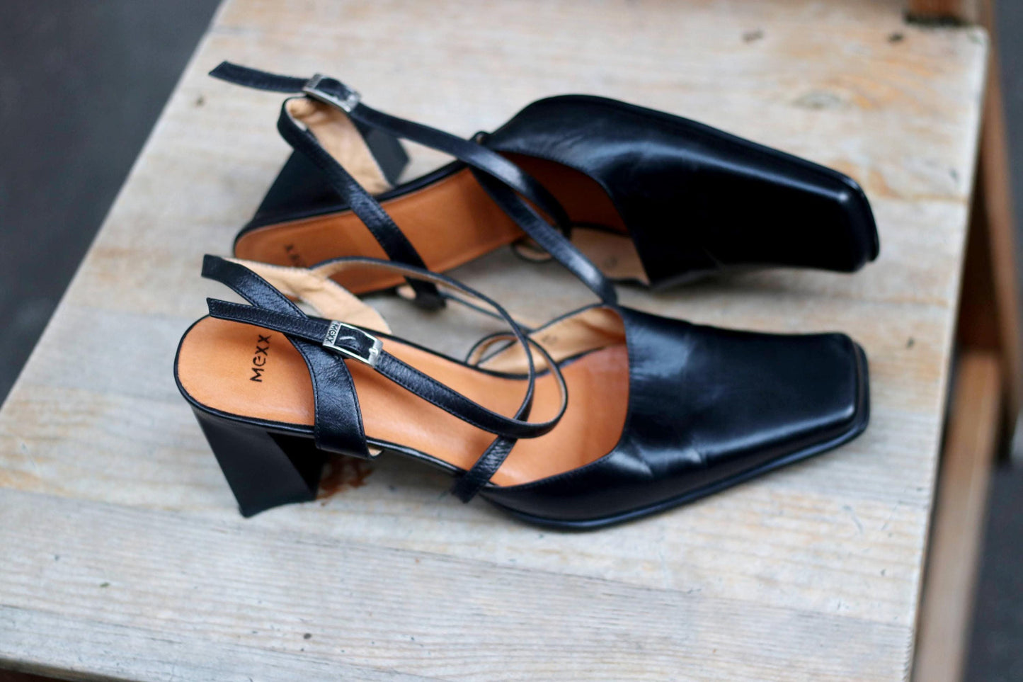 90s Mexx Leather Heels| Vintage Black Feminine Block Heel Shoes Size EU40