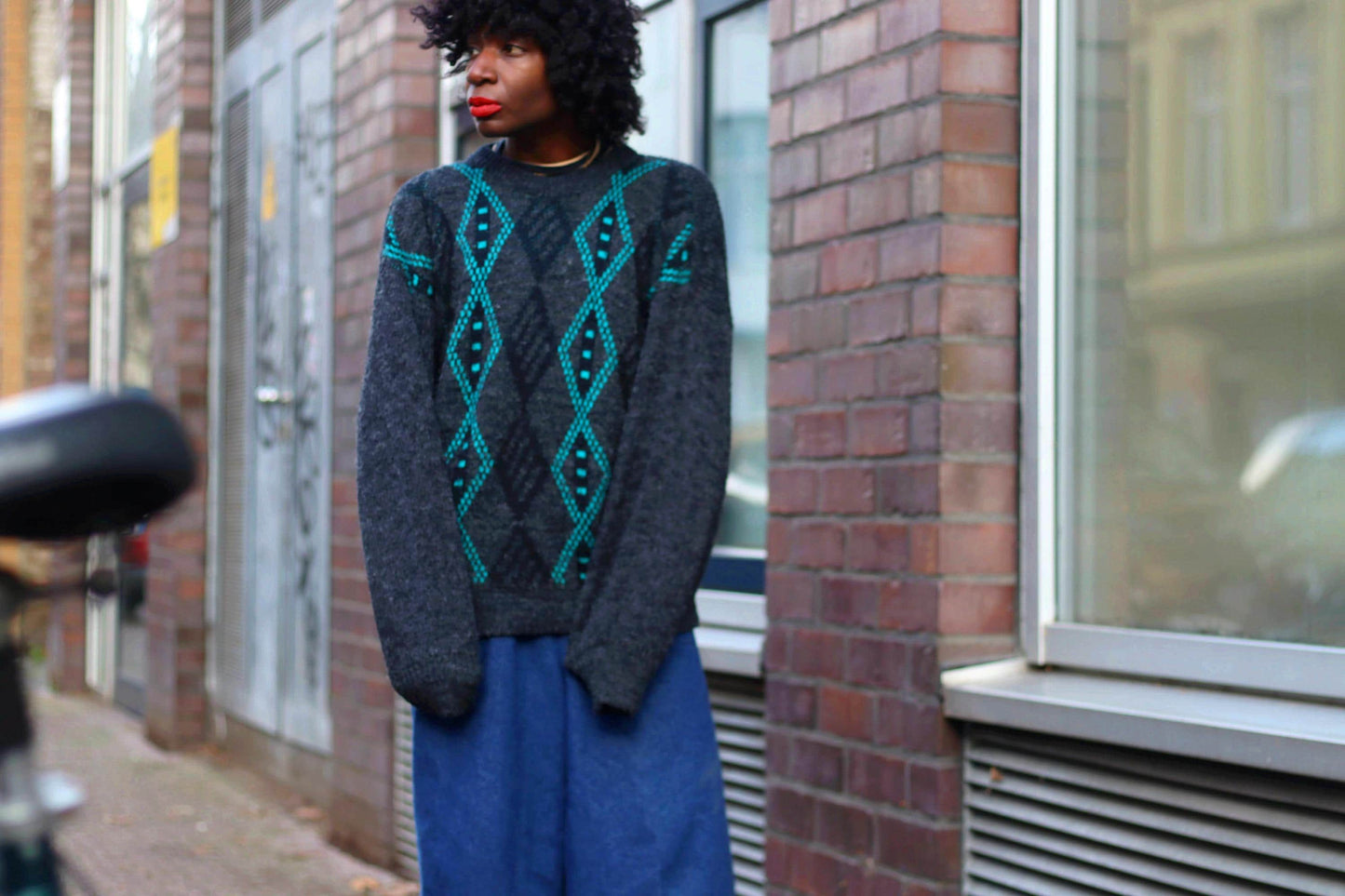 80s Crazy Print Sweater| Vintage Women's Grey Sweater with Blue Print | Long sleeved Handmade Winter Knit|